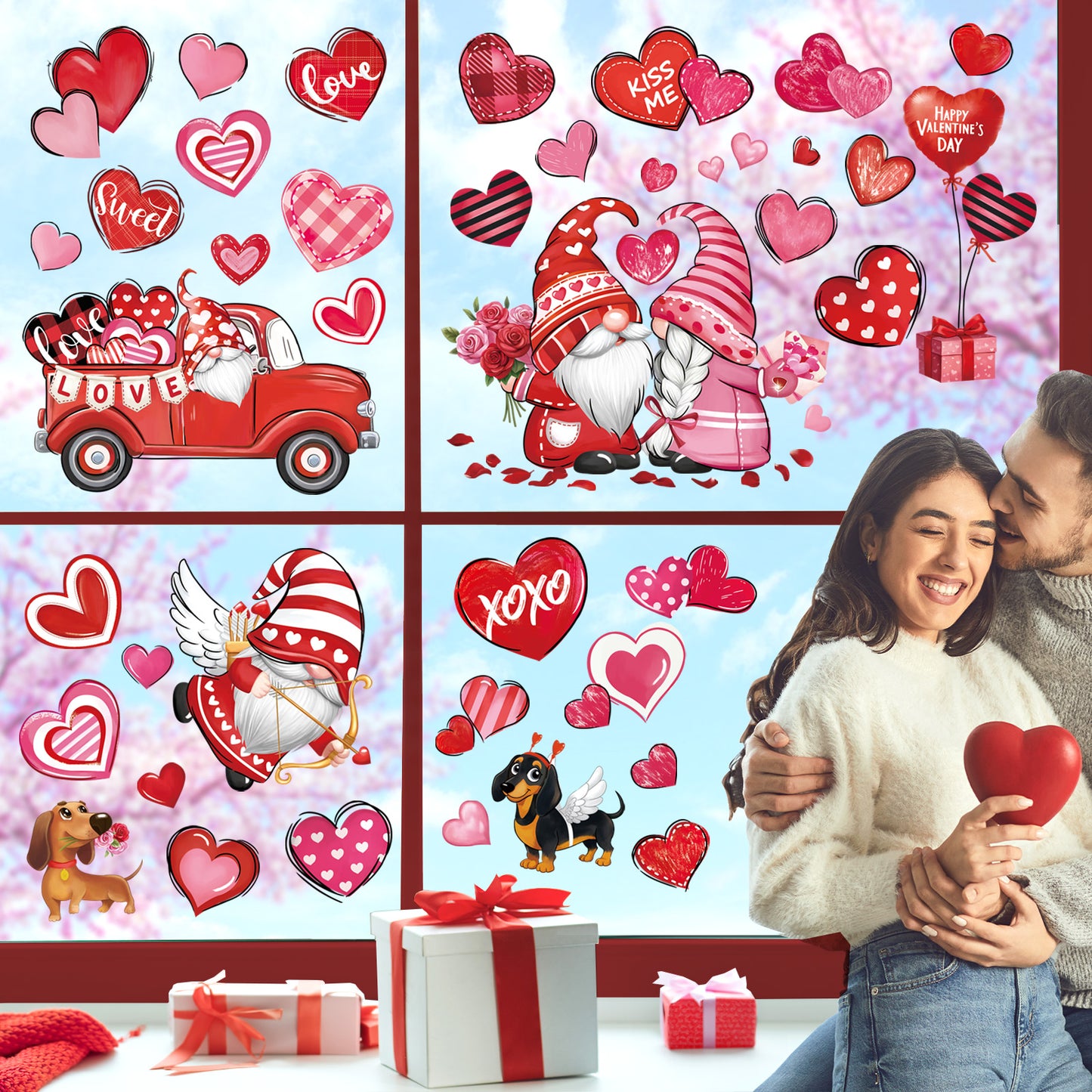 decalmile Valentines Day Double Sided Window Clings Valentine Red Gnomes Heart Anti-Collision Window Decals