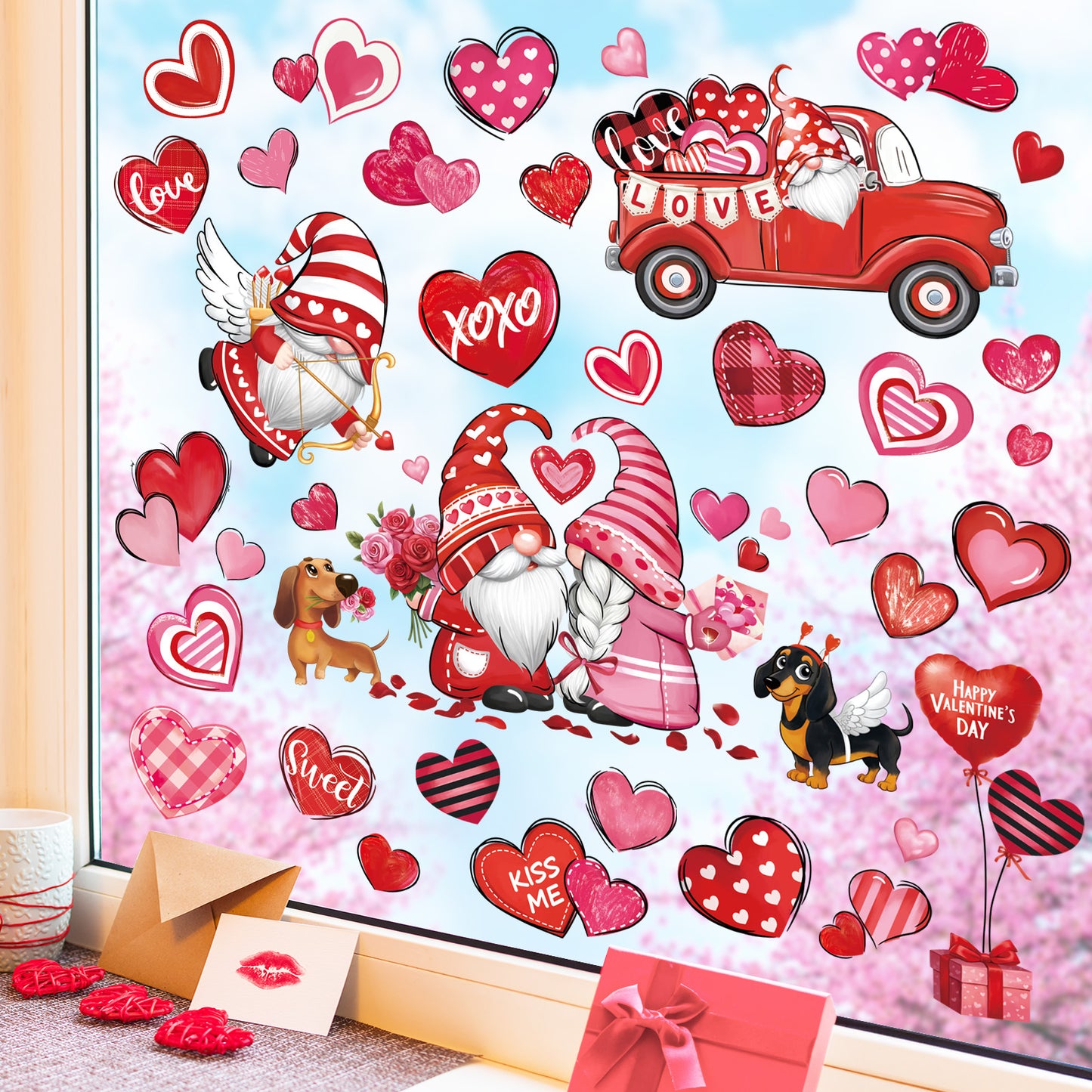 decalmile Valentines Day Double Sided Window Clings Valentine Red Gnomes Heart Anti-Collision Window Decals