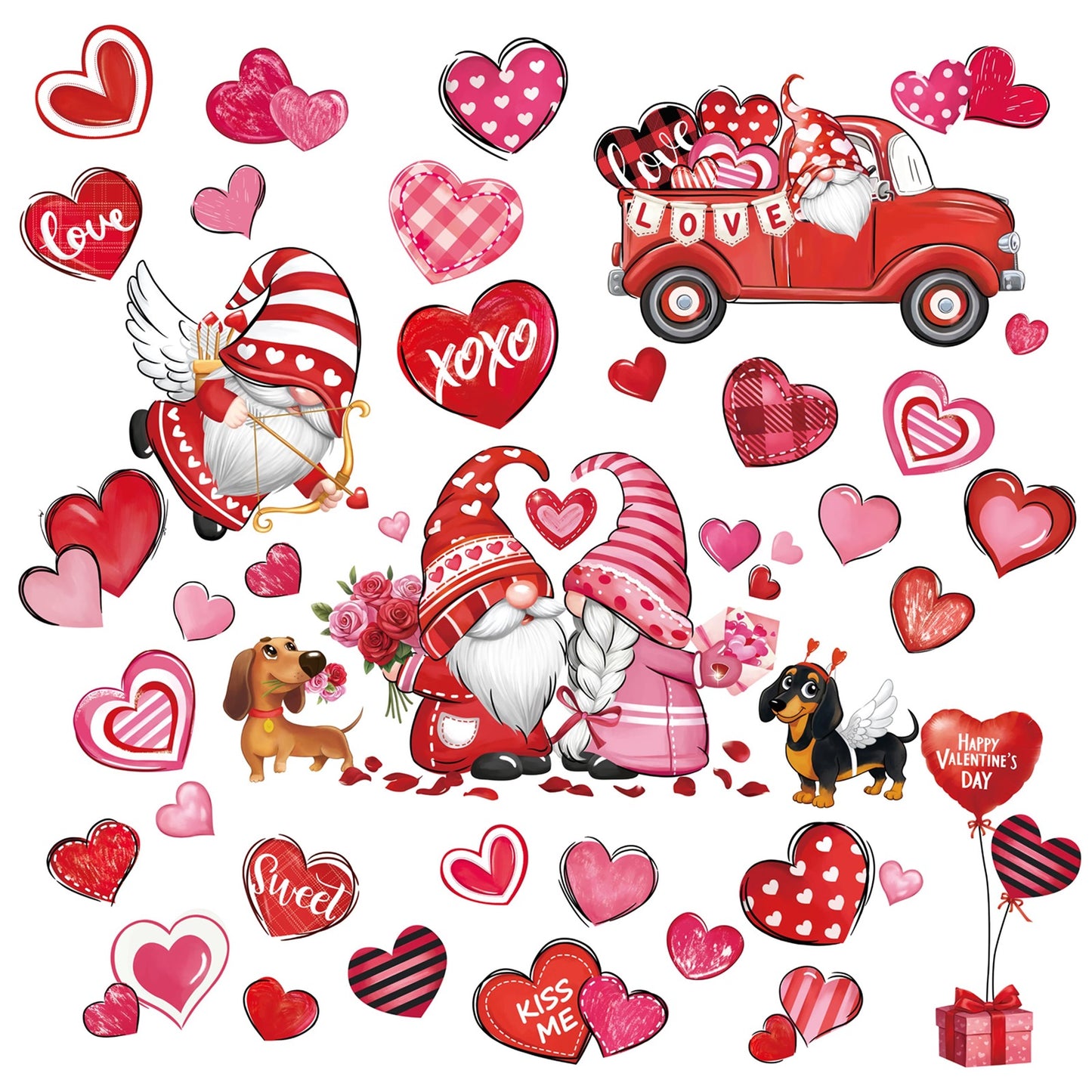 decalmile Valentines Day Double Sided Window Clings Valentine Red Gnomes Heart Anti-Collision Window Decals