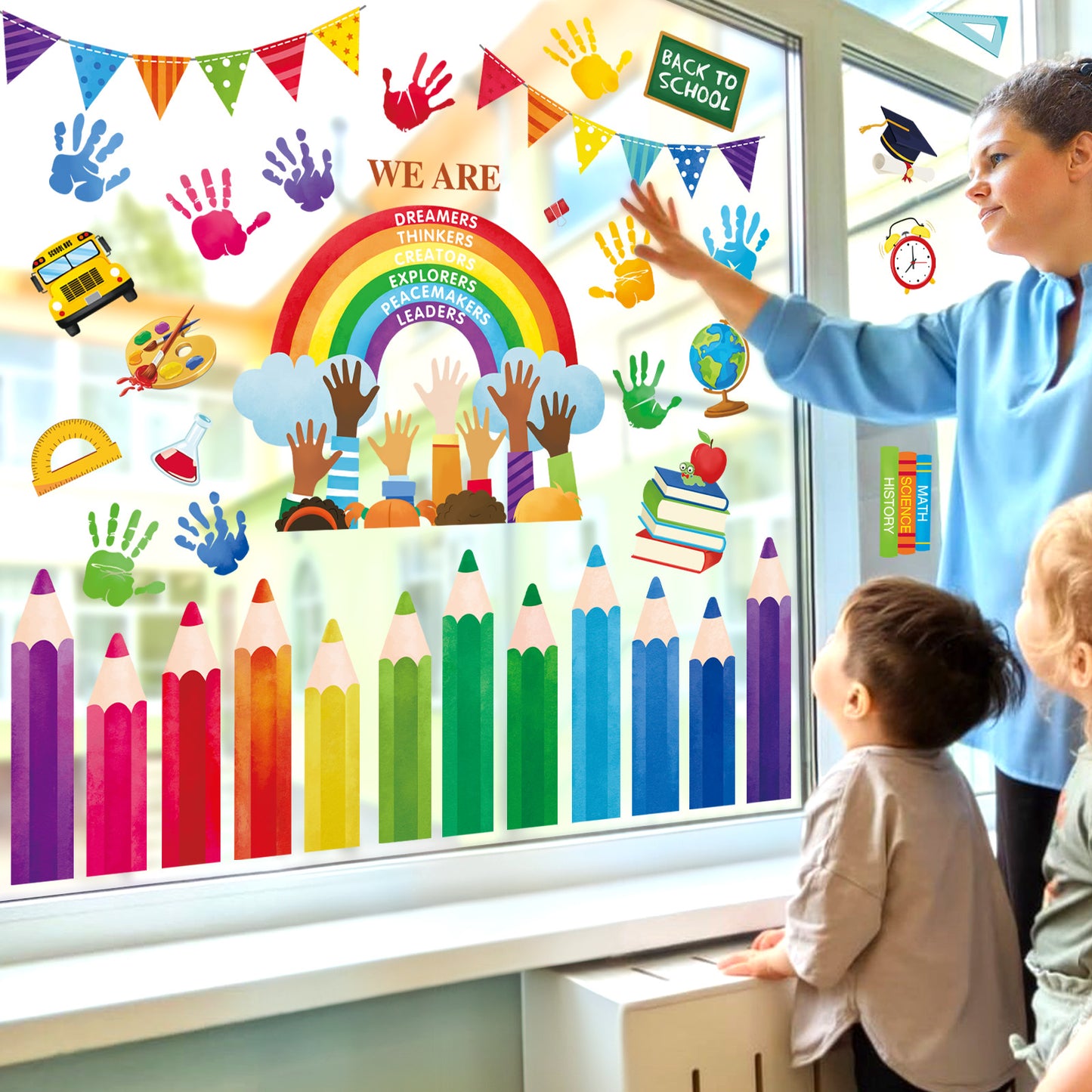 decalmile Back to School Rainbow Colorful Pencils Double Sided Window Clings Window Decals Anti-Collision Window Stickers