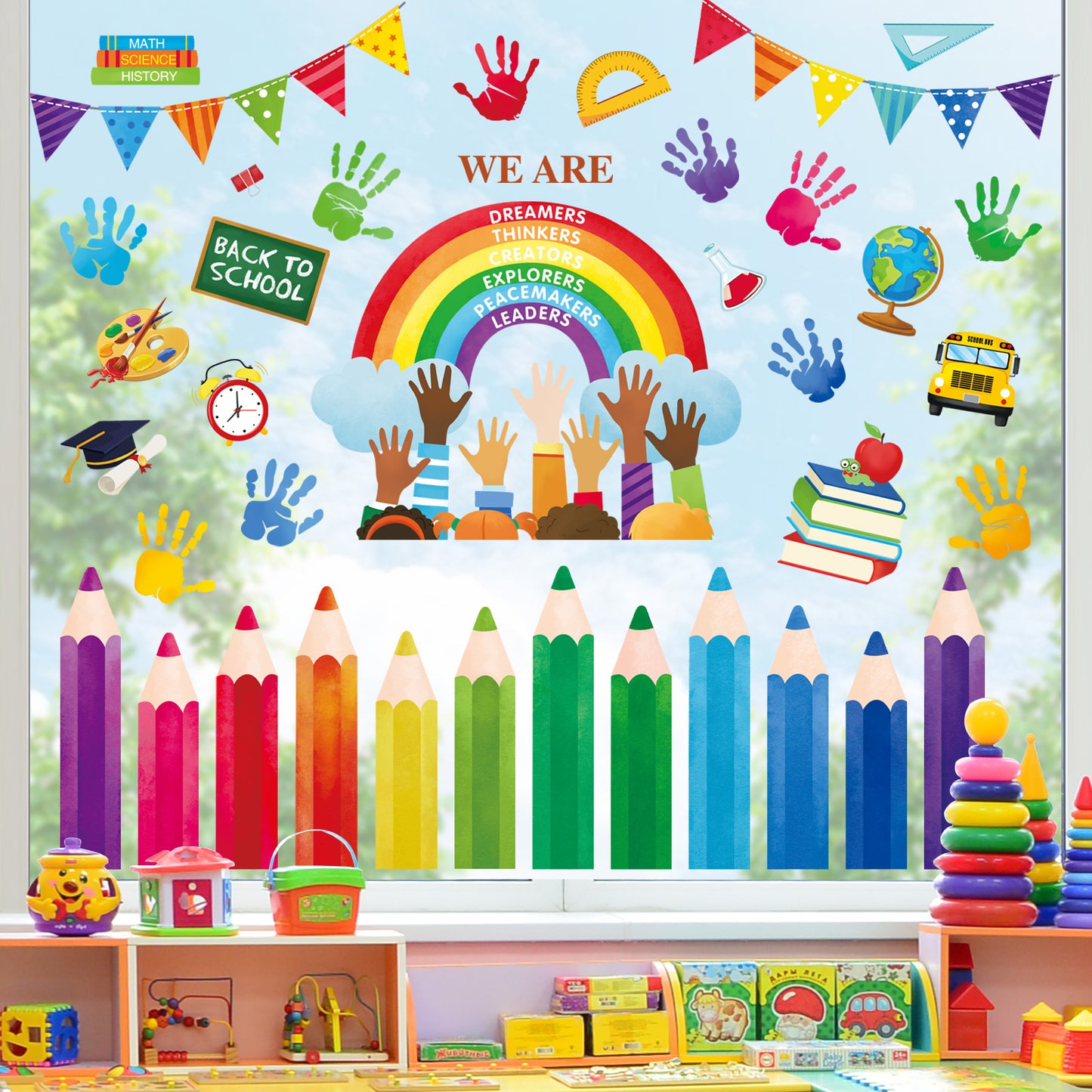 decalmile Back to School Rainbow Colorful Pencils Double Sided Window Clings Window Decals Anti-Collision Window Stickers