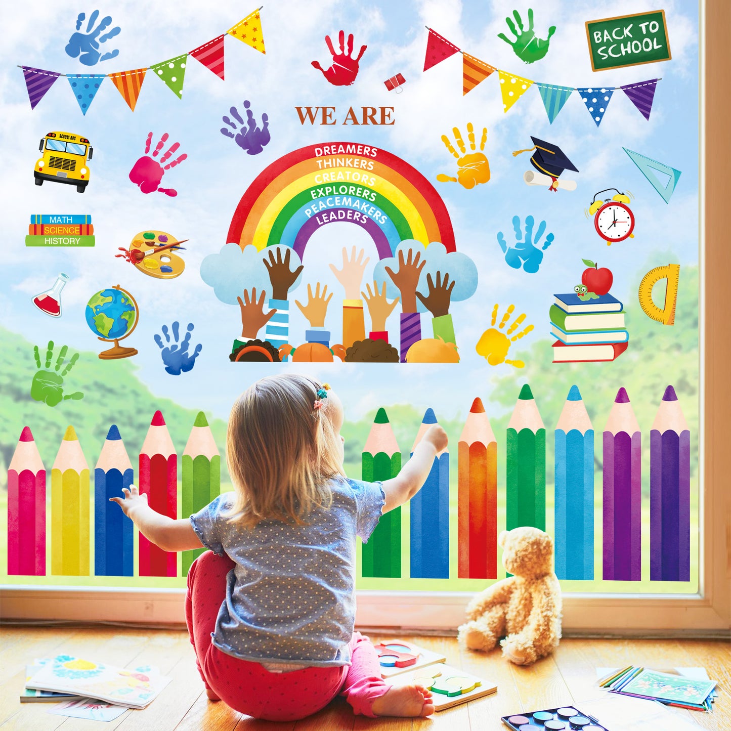 decalmile Back to School Rainbow Colorful Pencils Double Sided Window Clings Window Decals Anti-Collision Window Stickers