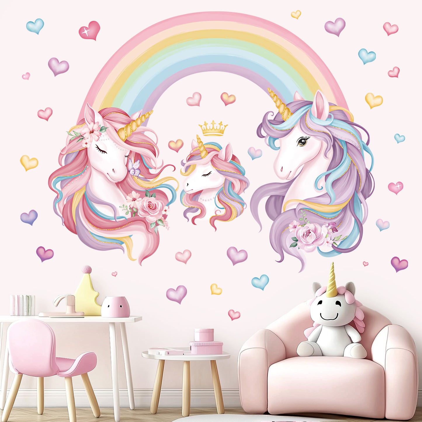 decalmile Unicorn Rainbow Wall Decals Baby Unicorn Hearts Wall Stickers
