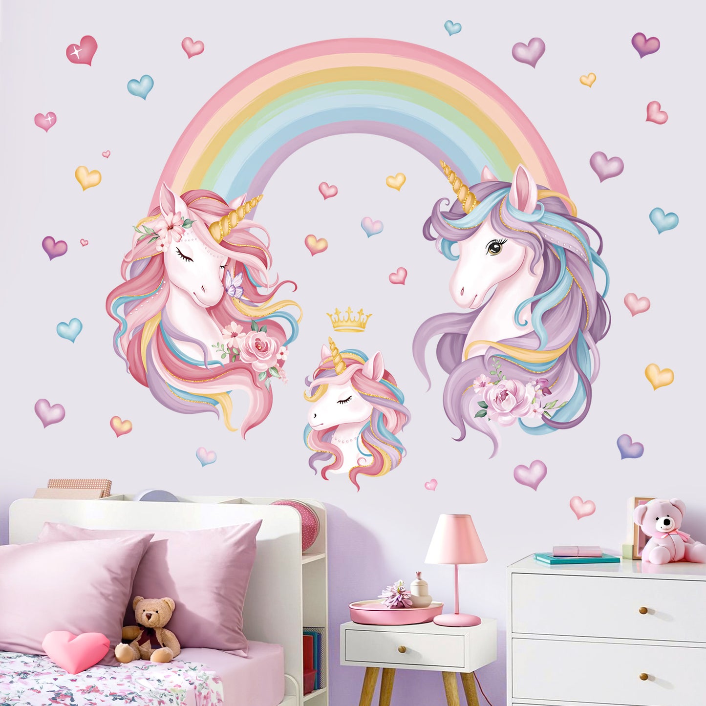 decalmile Unicorn Rainbow Wall Decals Baby Unicorn Hearts Wall Stickers