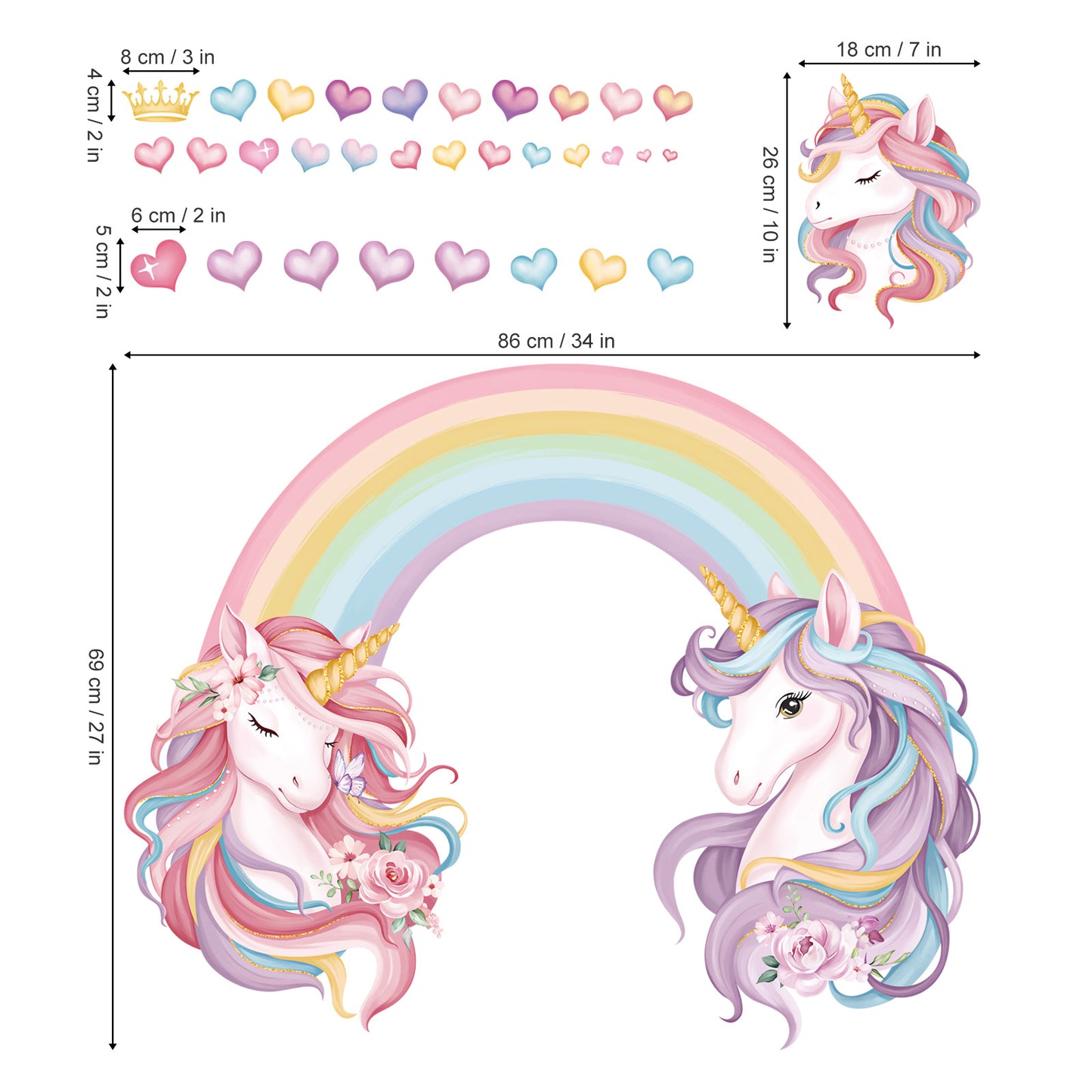 decalmile Unicorn Rainbow Wall Decals Baby Unicorn Hearts Wall Stickers