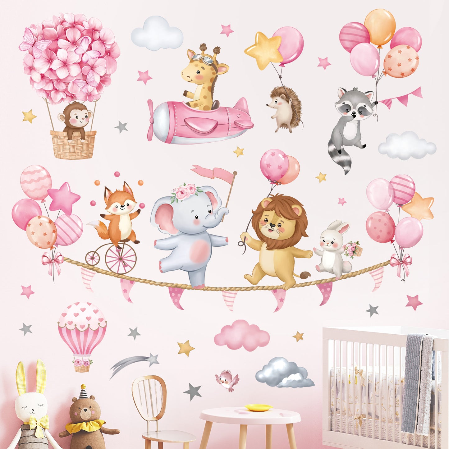 decalmile Pink Animal Hot Air Ballon Wall Decals Elephant Lion Giraffe Wall Stickers
