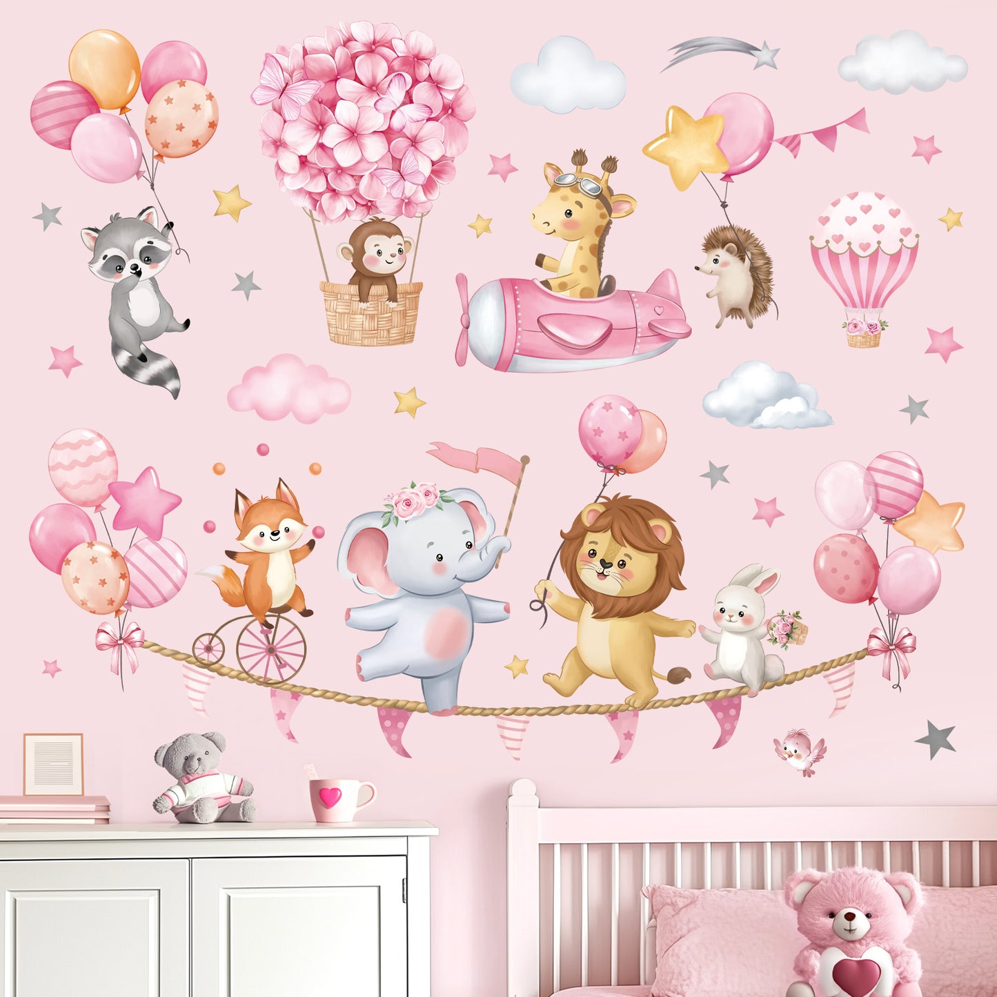 decalmile Pink Animal Hot Air Ballon Wall Decals Elephant Lion Giraffe Wall Stickers