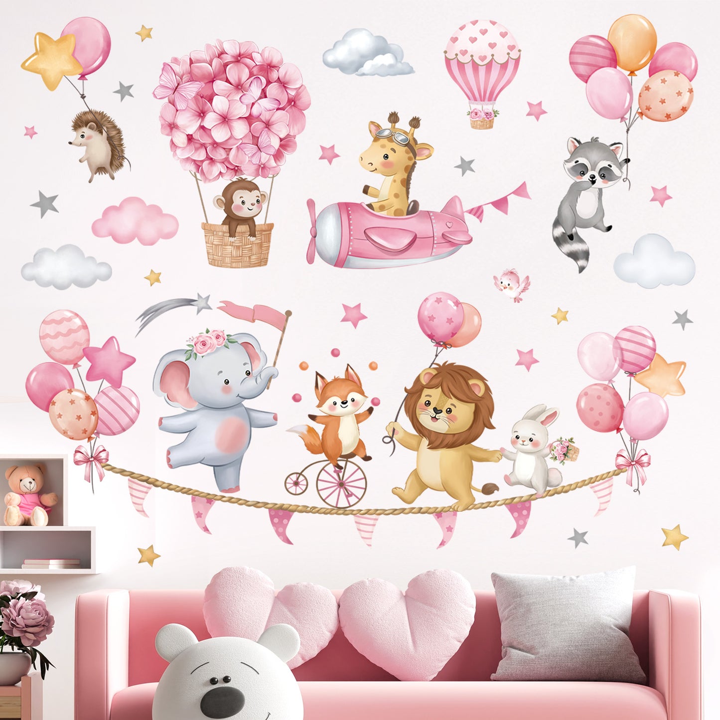 decalmile Pink Animal Hot Air Ballon Wall Decals Elephant Lion Giraffe Wall Stickers