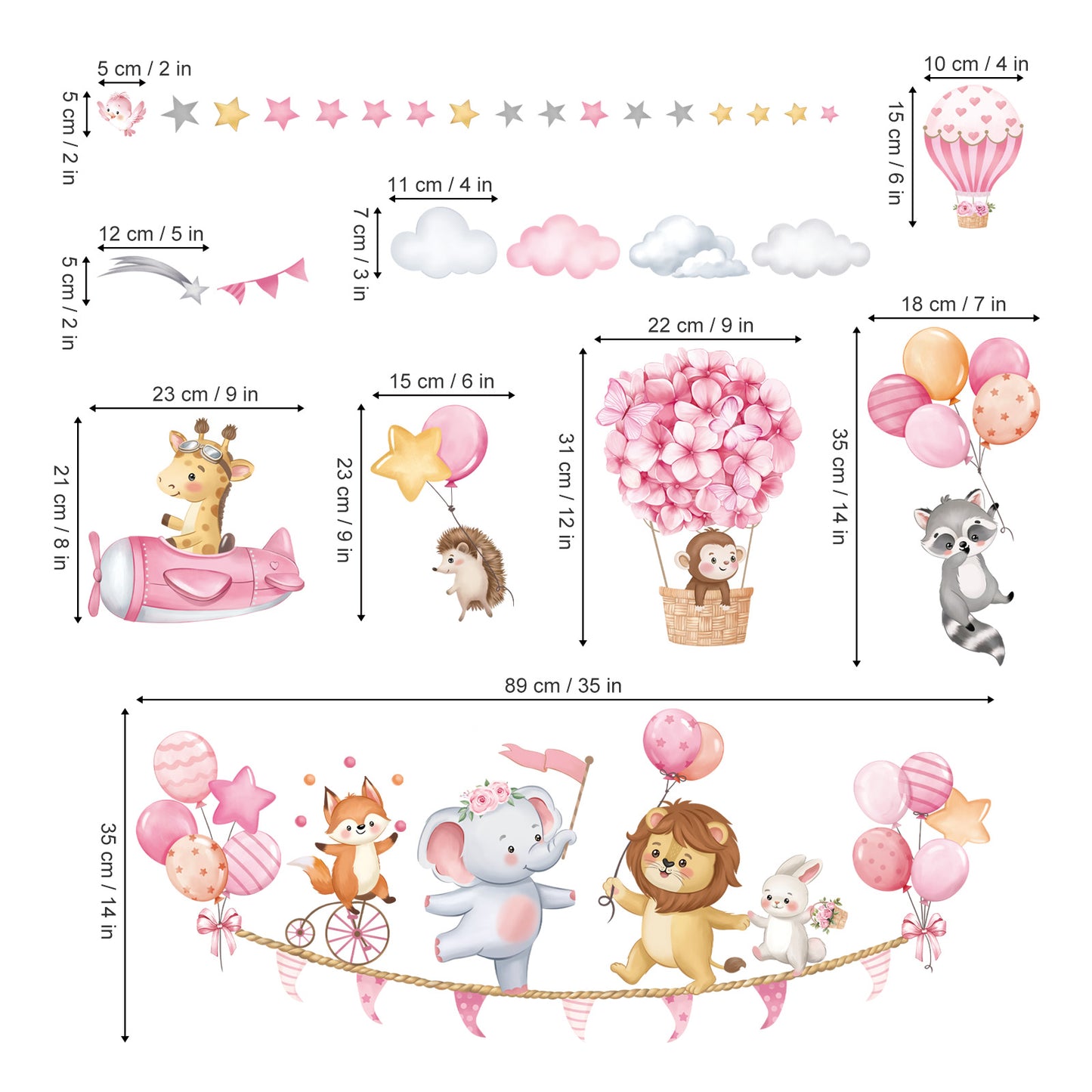 decalmile Pink Animal Hot Air Ballon Wall Decals Elephant Lion Giraffe Wall Stickers