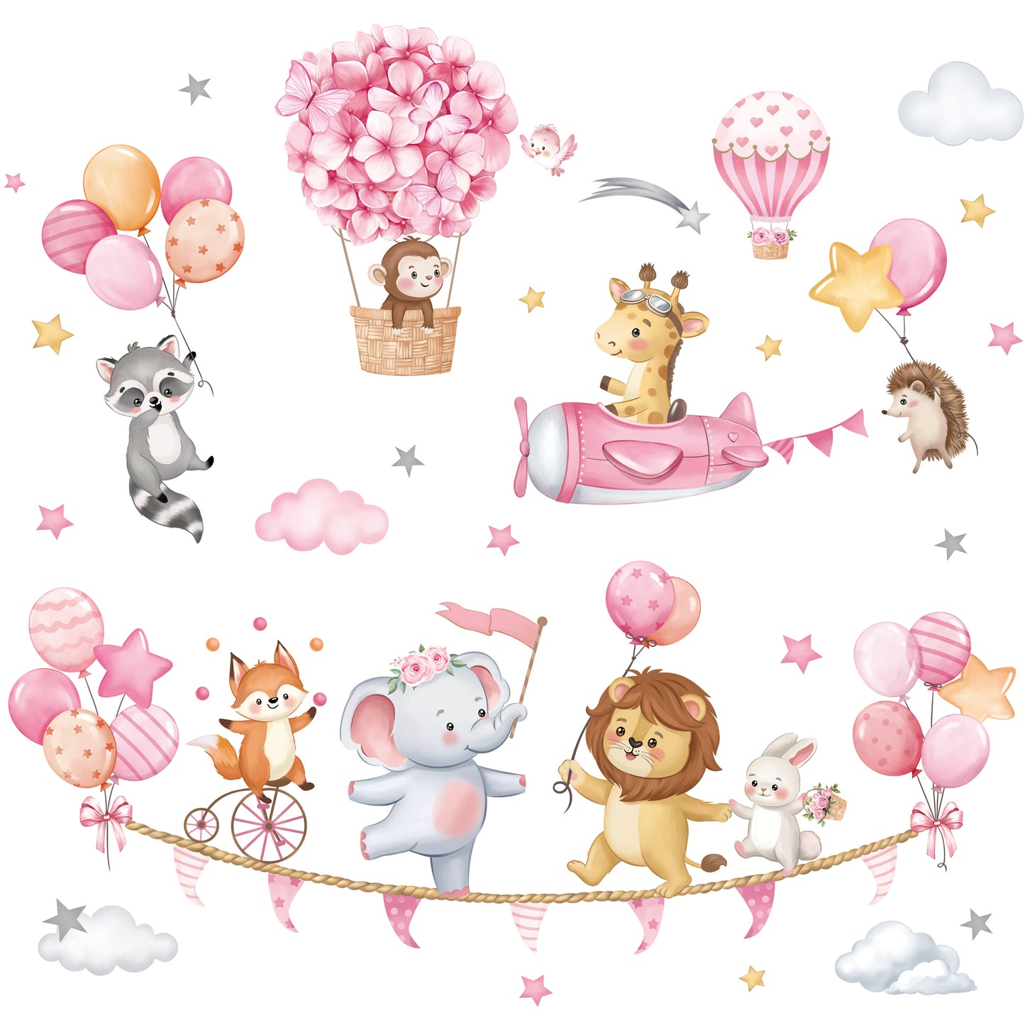 decalmile Pink Animal Hot Air Ballon Wall Decals Elephant Lion Giraffe Wall Stickers