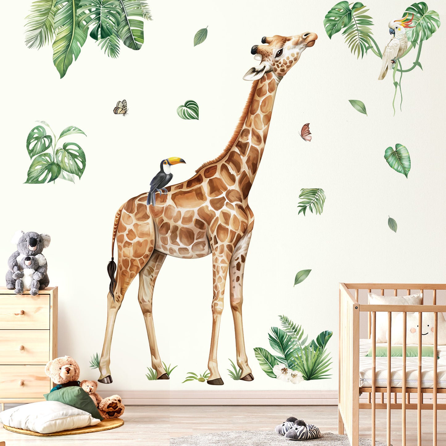 decalmile Large Jungle Giraffe Wall Decals Jungle Animals Tropical Leaves Wall Stickers
