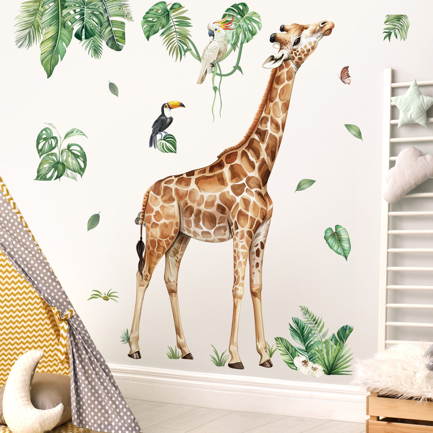 decalmile Large Jungle Giraffe Wall Decals Jungle Animals Tropical Leaves Wall Stickers
