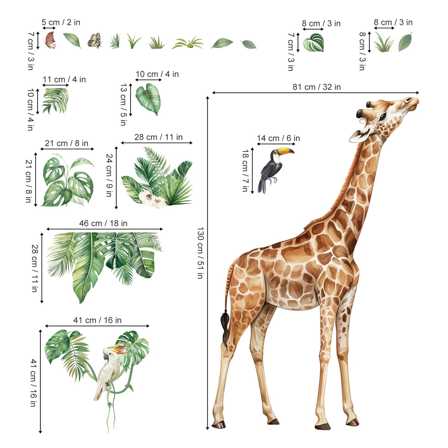 decalmile Large Jungle Giraffe Wall Decals Jungle Animals Tropical Leaves Wall Stickers