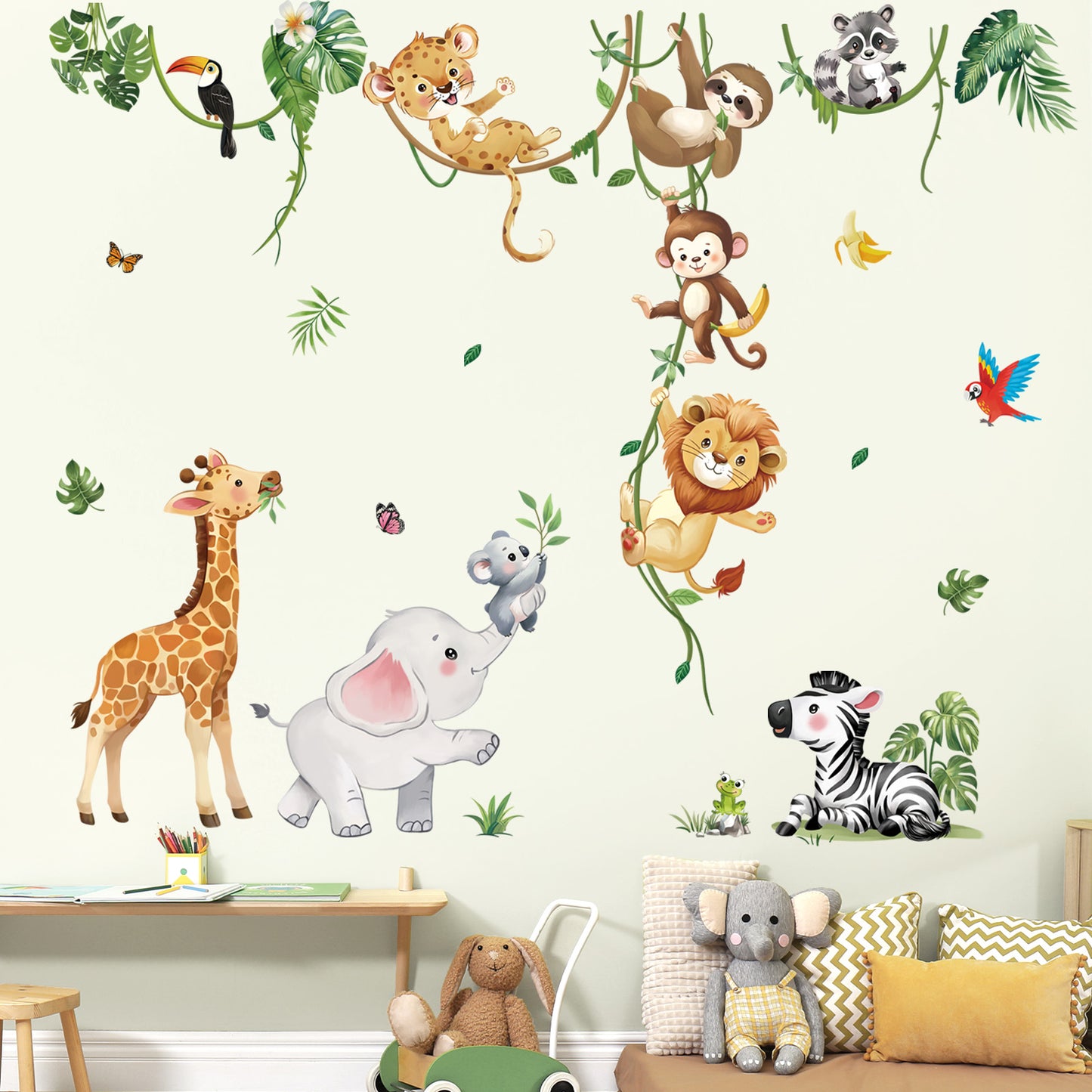 decalmile Safari Animals Wall Decals Jungle Animals Climbing Tree Giraffe Elephant Lion Wall Stickers