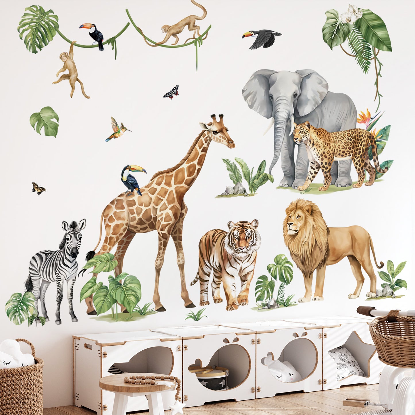 decalmile Large Safari Elephant Giraffe Wall Decals Jungle Animals Lion Leopard Zebra Wall Stickers