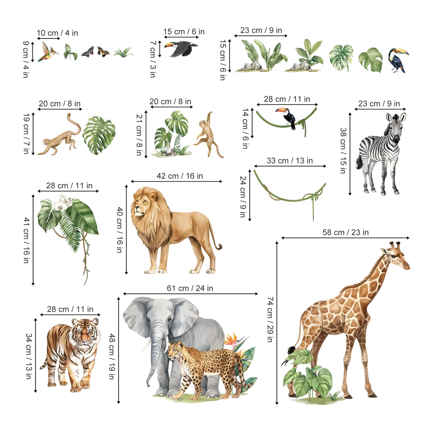 decalmile Large Safari Elephant Giraffe Wall Decals Jungle Animals Lion Leopard Zebra Wall Stickers