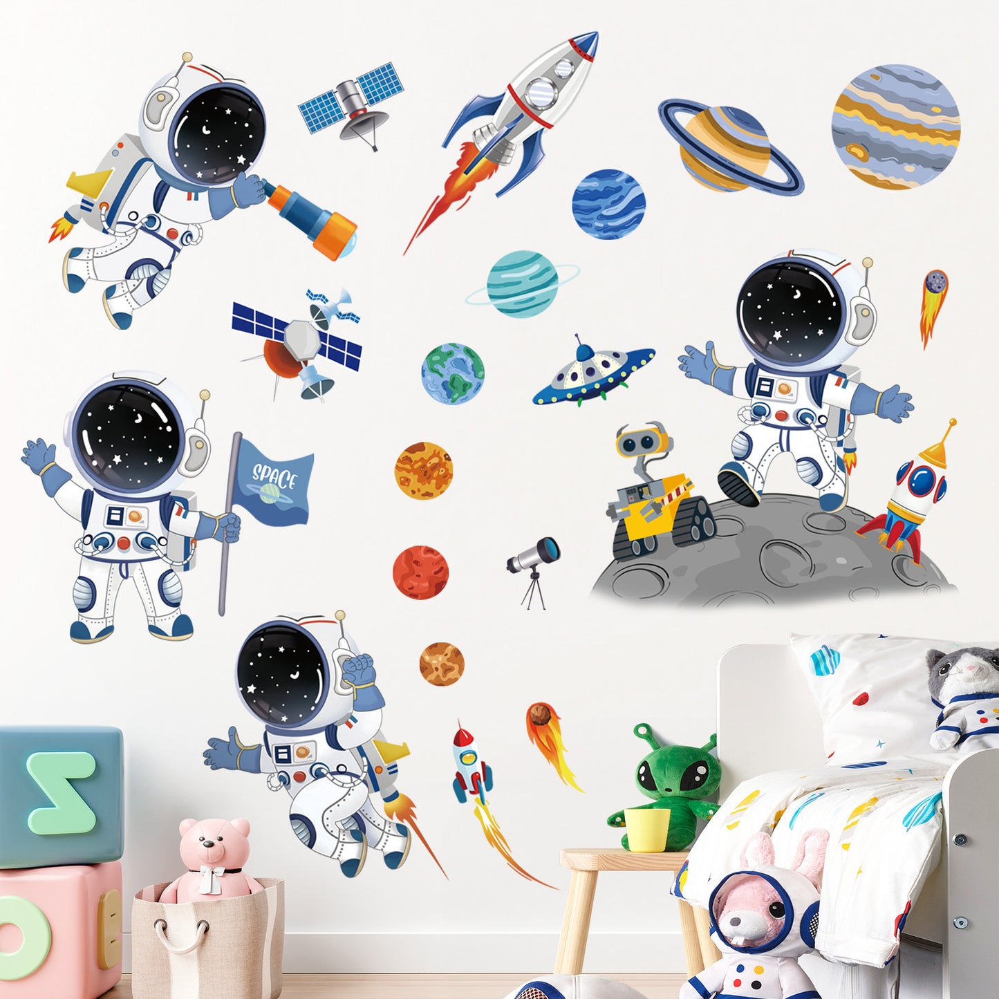 decalmile Outer Space Astronaut Wall Decals Rocket Universe Space Planets Wall Stickers