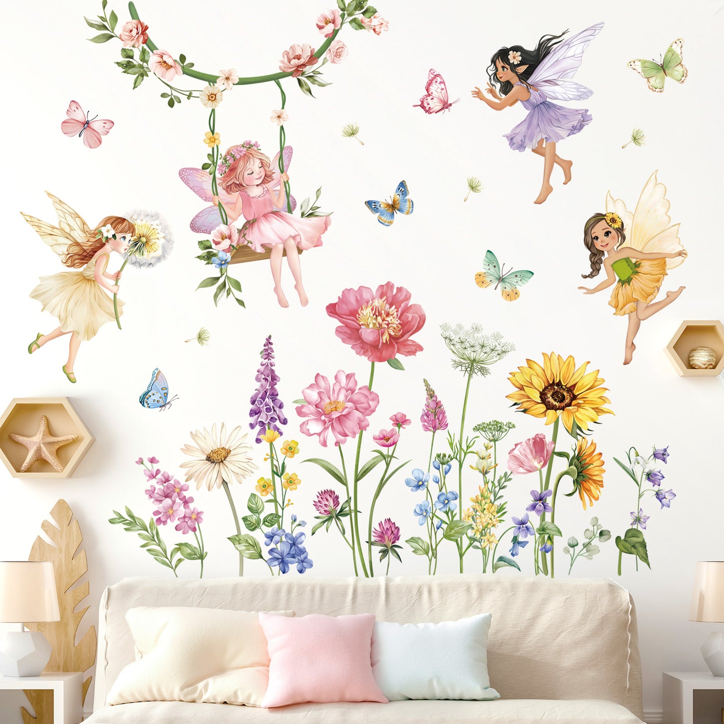 decalmile Flower Fairy Wall Decals Butterfly Girl with Wildflower Sunflower Wall Stickers