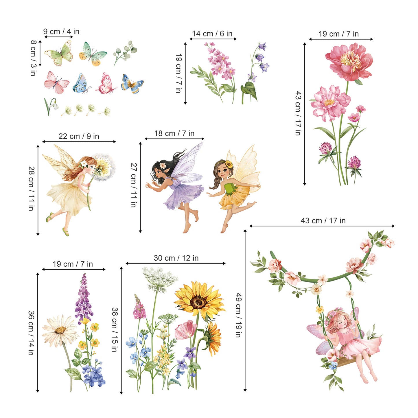 decalmile Flower Fairy Wall Decals Butterfly Girl with Wildflower Sunflower Wall Stickers