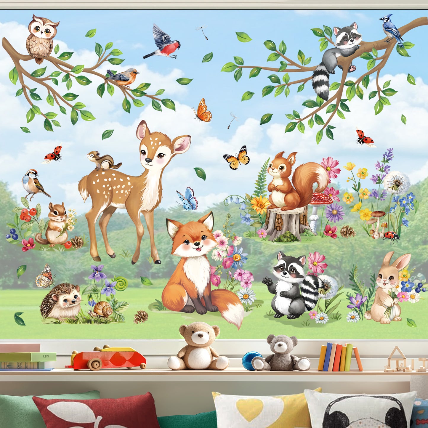 decalmile Spring Woodland Animals Double Sided Window Clings Forest Animals Deer Fox Squirrel Anti-Collision Window Decals