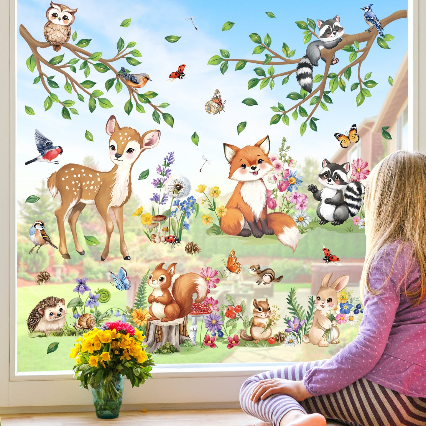 decalmile Spring Woodland Animals Double Sided Window Clings Forest Animals Deer Fox Squirrel Anti-Collision Window Decals