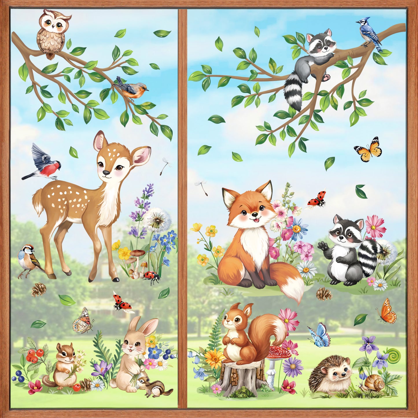 decalmile Spring Woodland Animals Double Sided Window Clings Forest Animals Deer Fox Squirrel Anti-Collision Window Decals