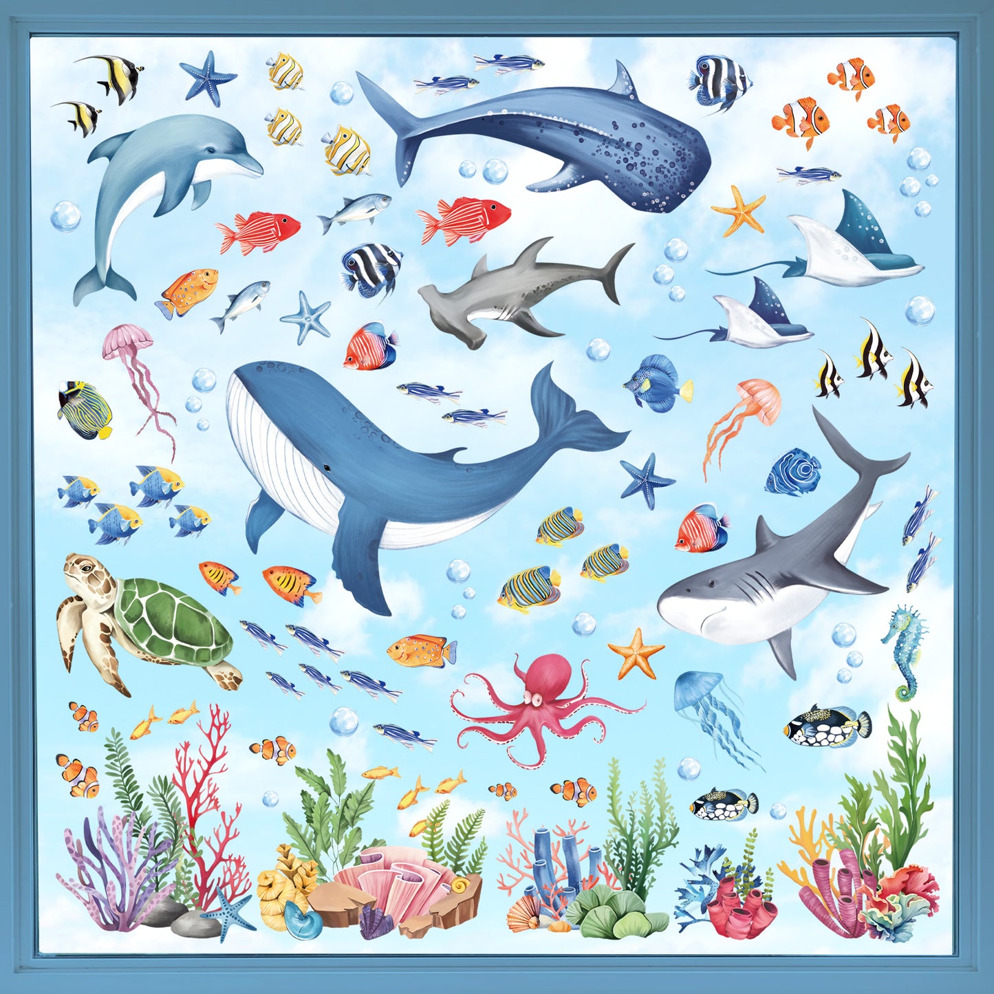 decalmile Under The Sea Fish Double Sided Window Clings Summer Ocean Animal Seaweed Whale Anti-Collision Window Decals