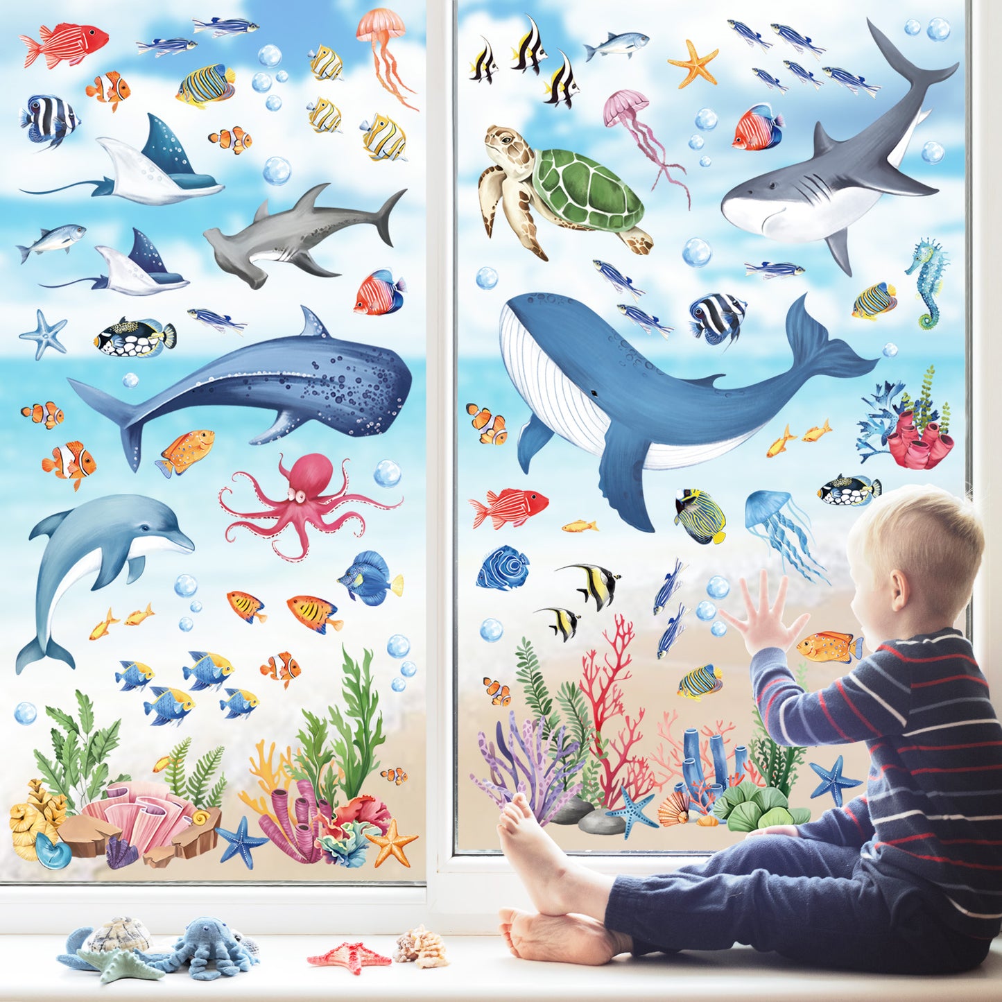 decalmile Under The Sea Fish Double Sided Window Clings Summer Ocean Animal Seaweed Whale Anti-Collision Window Decals