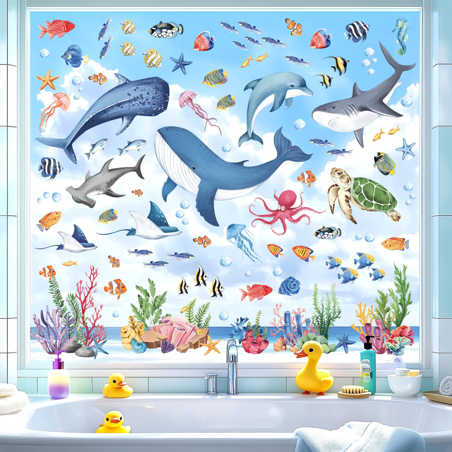 decalmile Under The Sea Fish Double Sided Window Clings Summer Ocean Animal Seaweed Whale Anti-Collision Window Decals