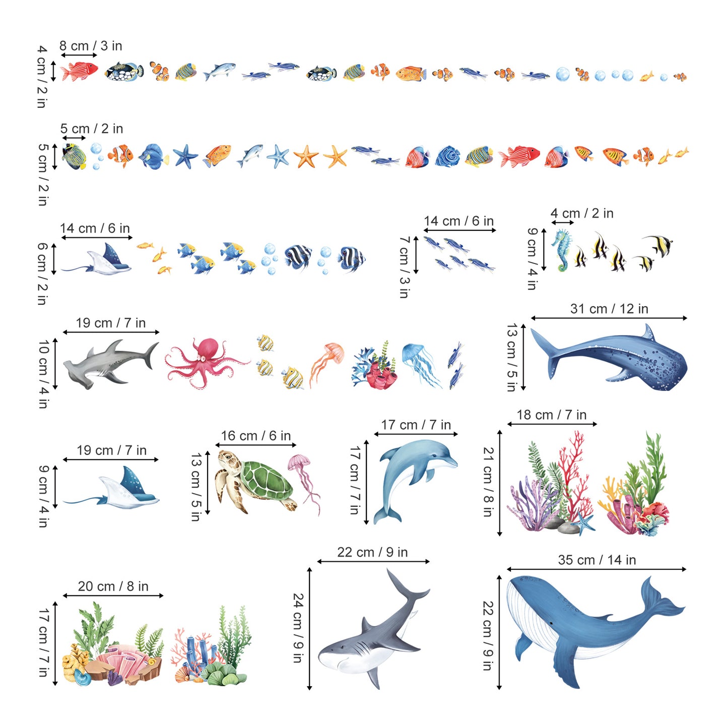 decalmile Under The Sea Fish Double Sided Window Clings Summer Ocean Animal Seaweed Whale Anti-Collision Window Decals