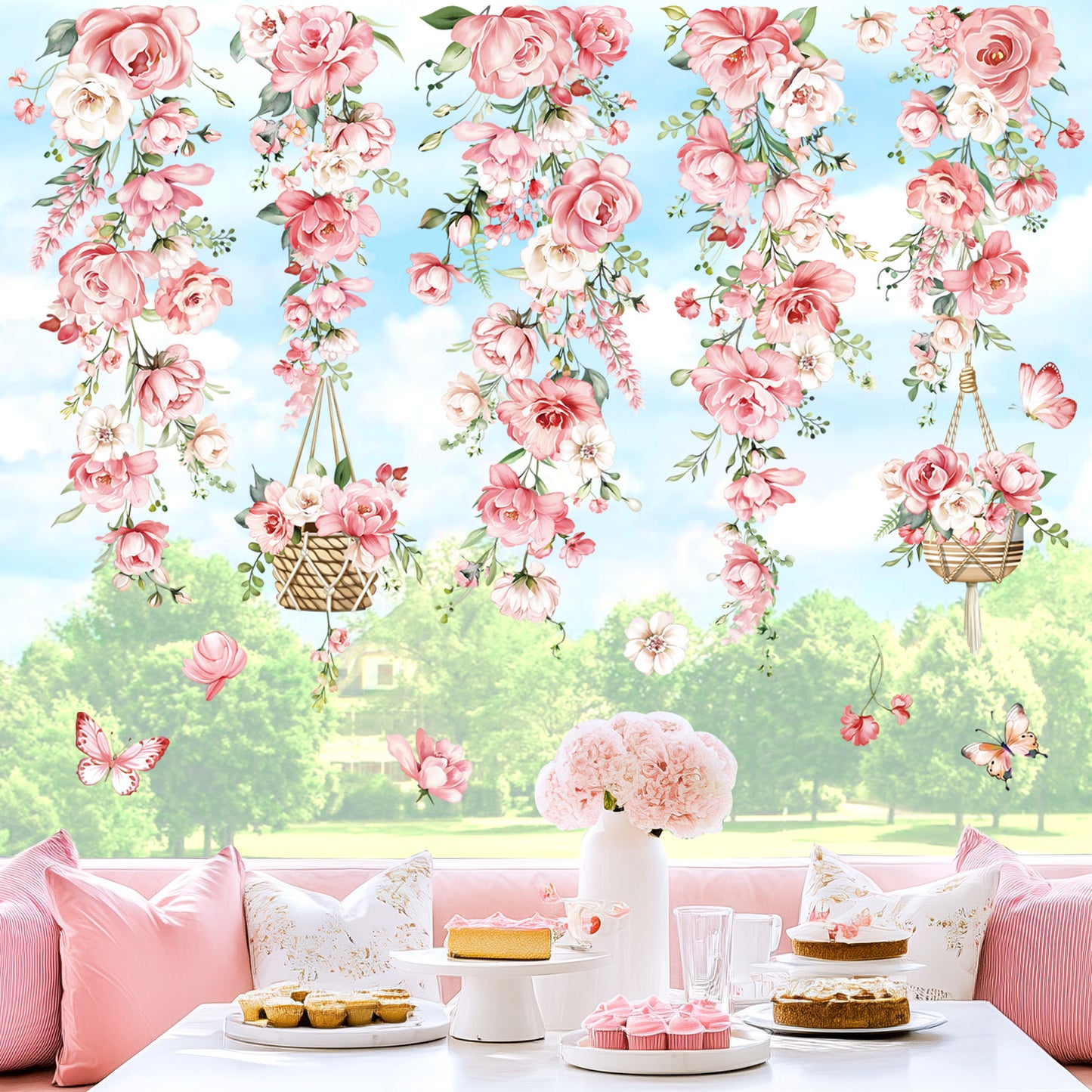 decalmile Hanging Flower Vine Double Sided Window Clings Pink Peony Floral Anti-Collision Window Decals