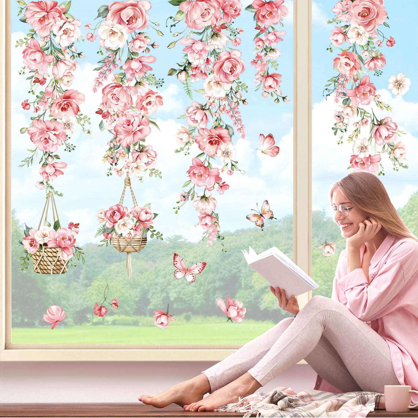 decalmile Hanging Flower Vine Double Sided Window Clings Pink Peony Floral Anti-Collision Window Decals