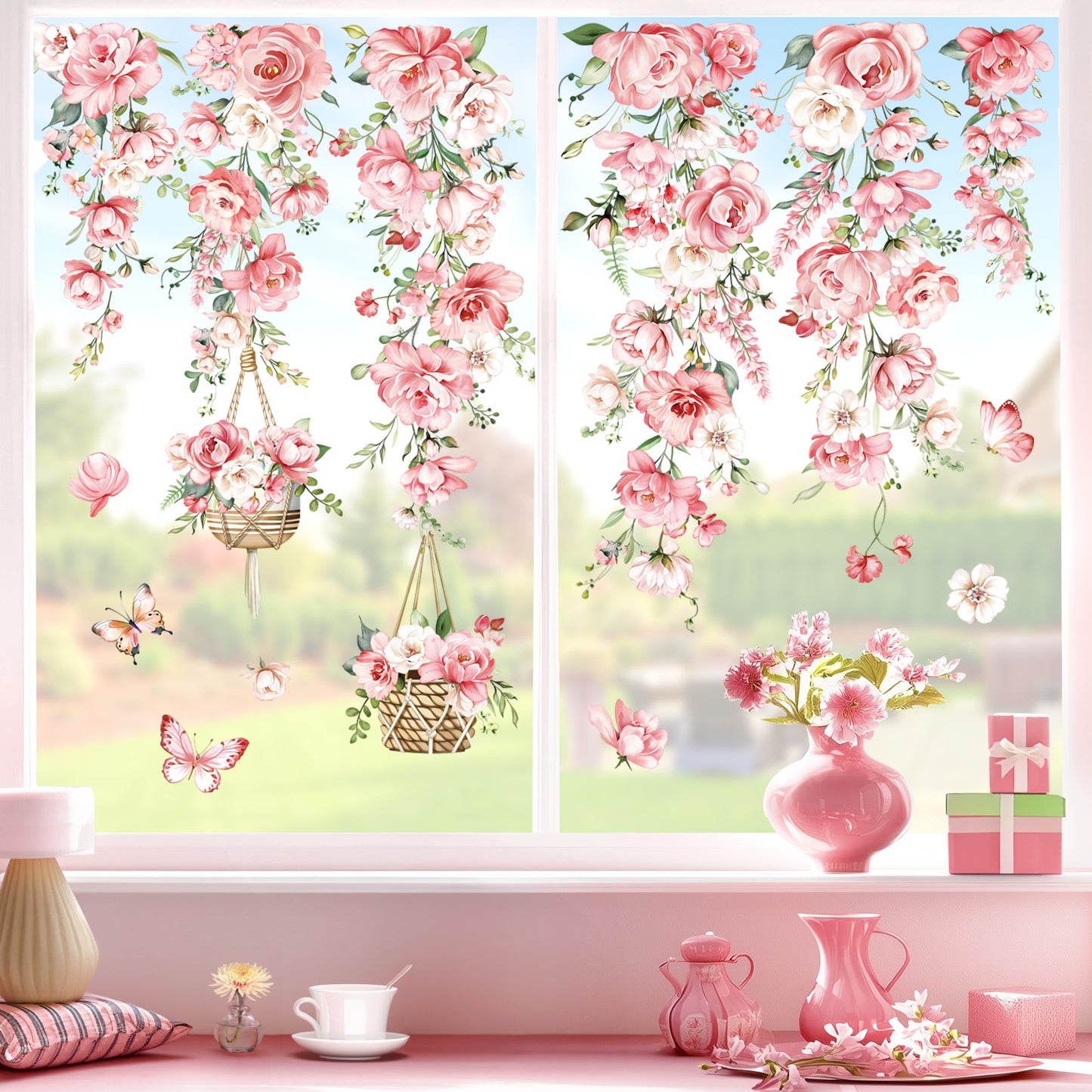 decalmile Hanging Flower Vine Double Sided Window Clings Pink Peony Floral Anti-Collision Window Decals