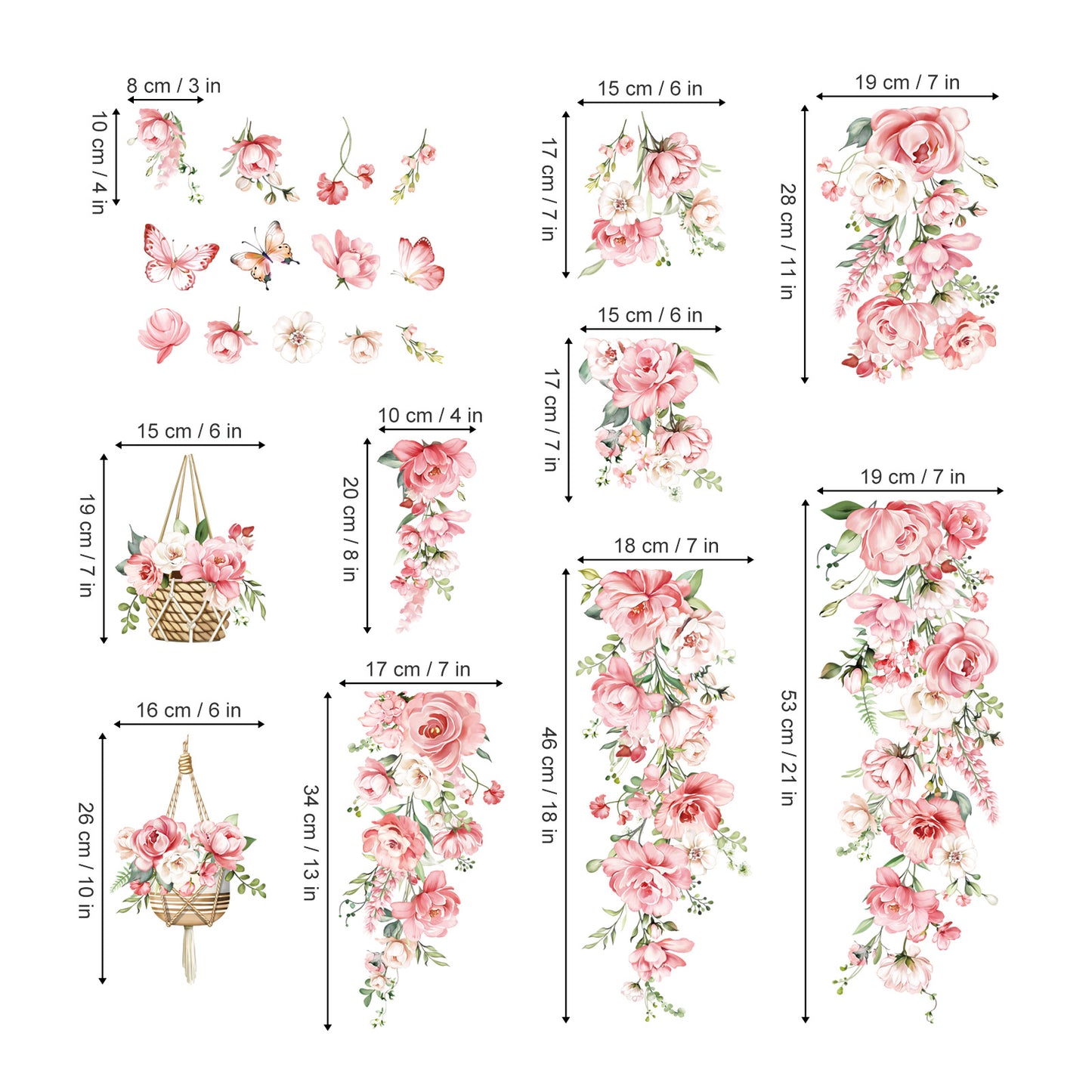 decalmile Hanging Flower Vine Double Sided Window Clings Pink Peony Floral Anti-Collision Window Decals