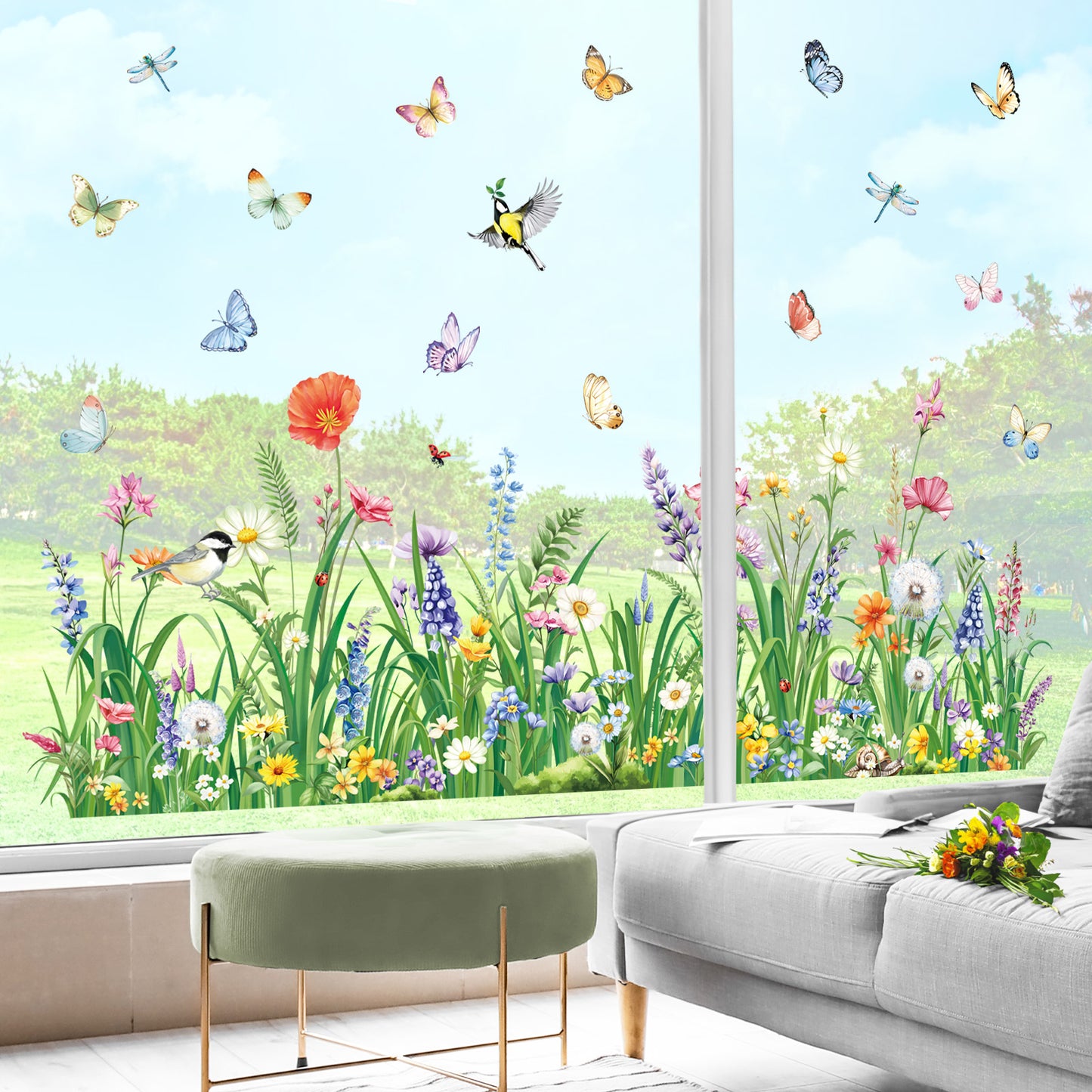 decalmile Spring Flower Grass Double Sided Window Clings Wildflower Butterflies Anti-Collision Window Decals