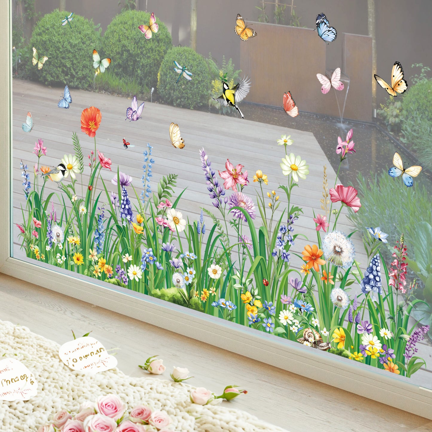 decalmile Spring Flower Grass Double Sided Window Clings Wildflower Butterflies Anti-Collision Window Decals