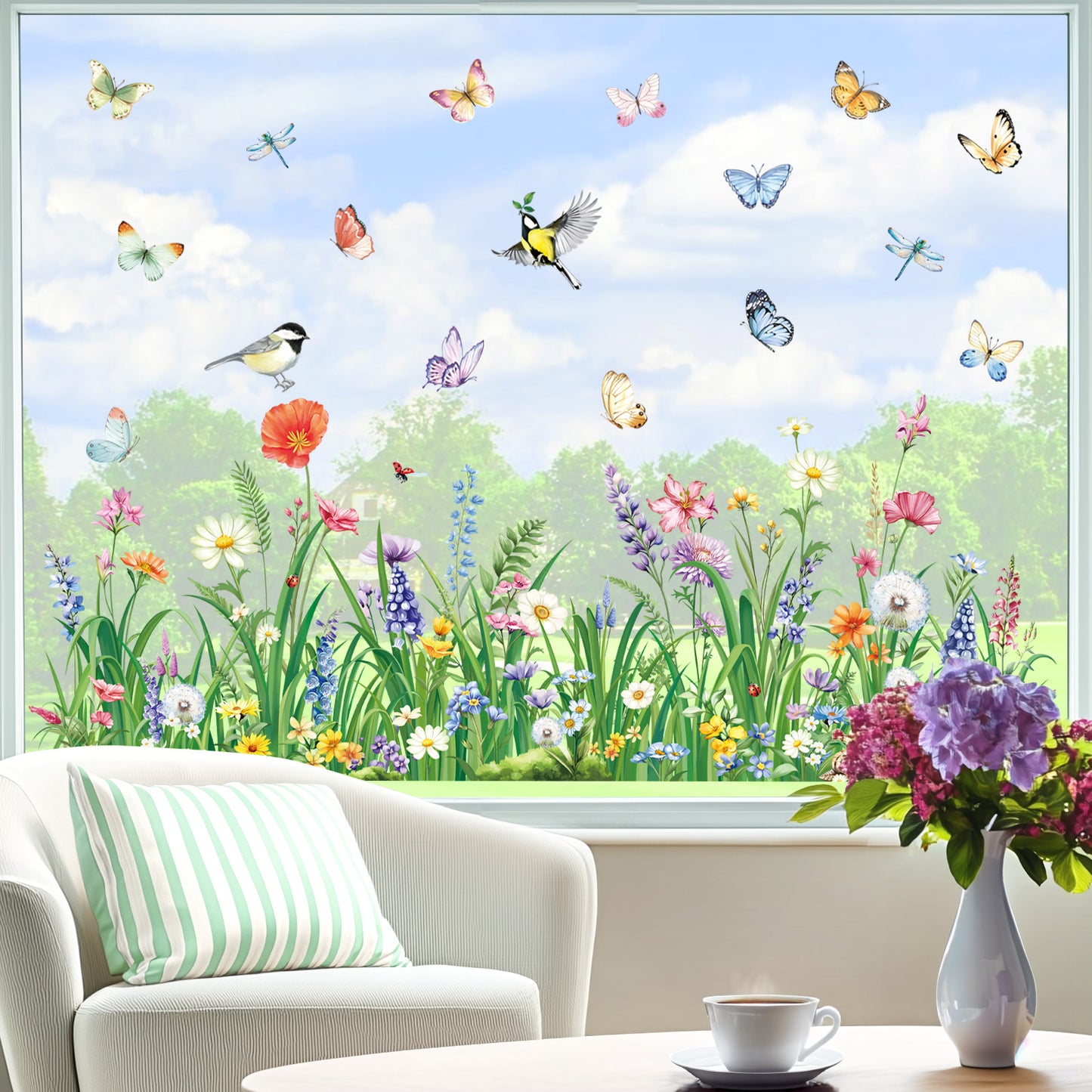 decalmile Spring Flower Grass Double Sided Window Clings Wildflower Butterflies Anti-Collision Window Decals