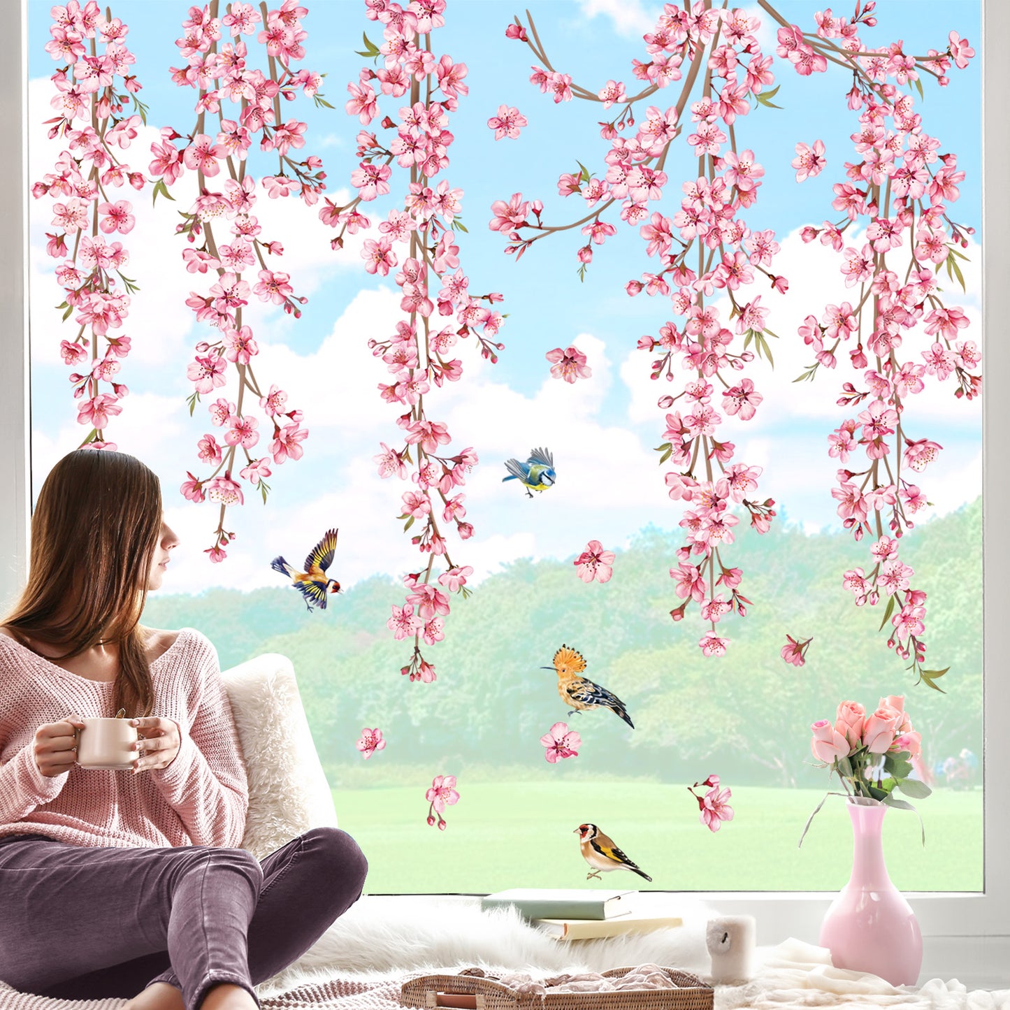 decalmile Cherry Blossom Flower Vine Double Sided Window Clings Pink Hanging Tree Branch Birds Anti-Collision Window Decals