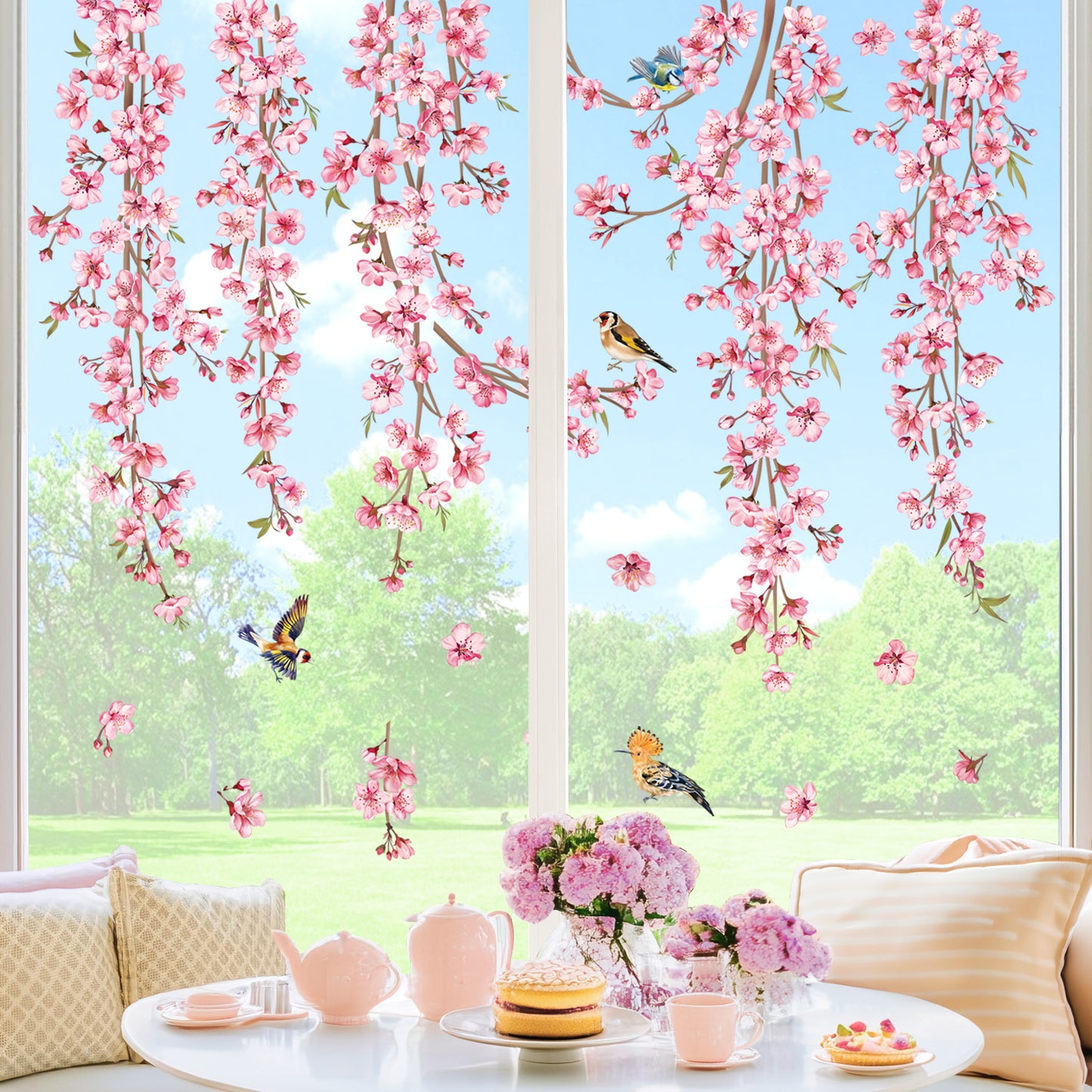 decalmile Cherry Blossom Flower Vine Double Sided Window Clings Pink Hanging Tree Branch Birds Anti-Collision Window Decals