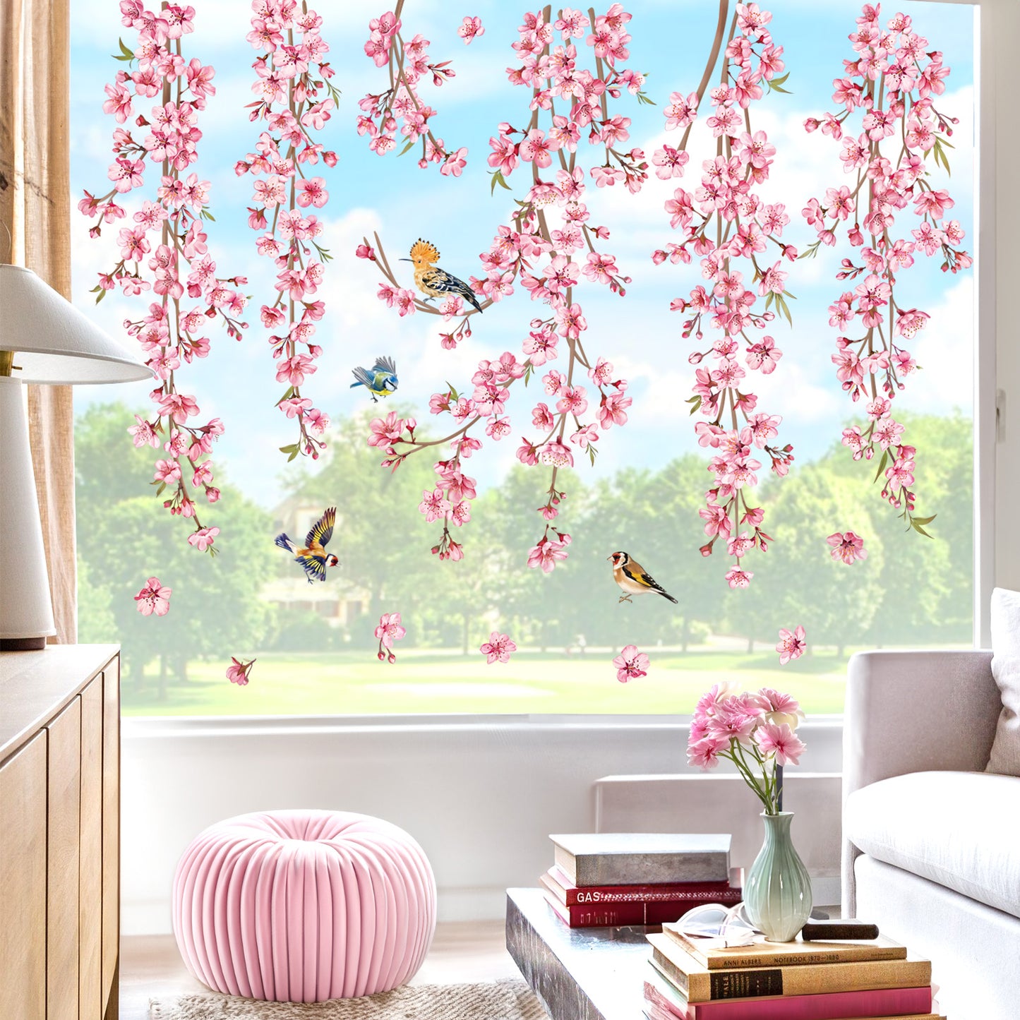 decalmile Cherry Blossom Flower Vine Double Sided Window Clings Pink Hanging Tree Branch Birds Anti-Collision Window Decals
