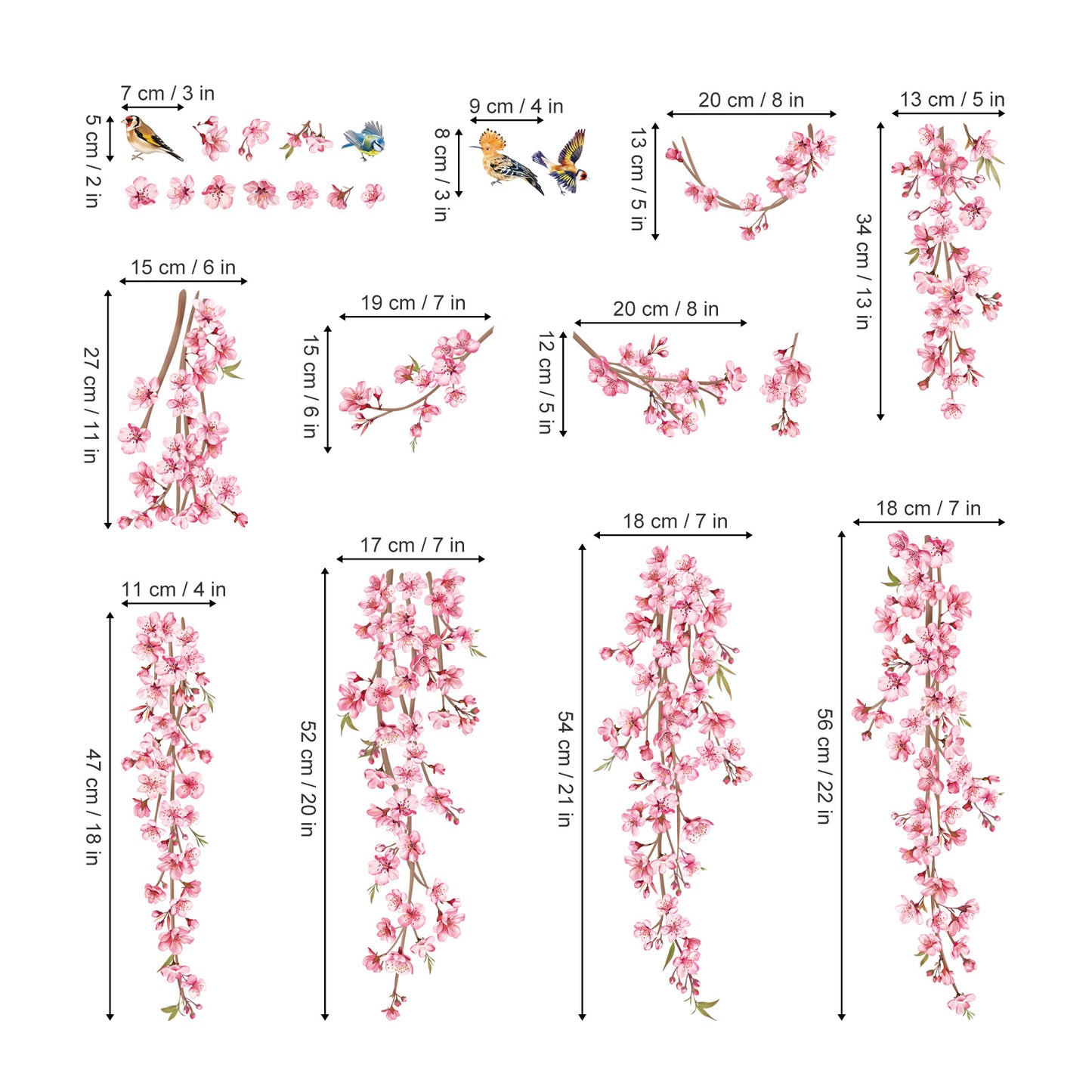 decalmile Cherry Blossom Flower Vine Double Sided Window Clings Pink Hanging Tree Branch Birds Anti-Collision Window Decals