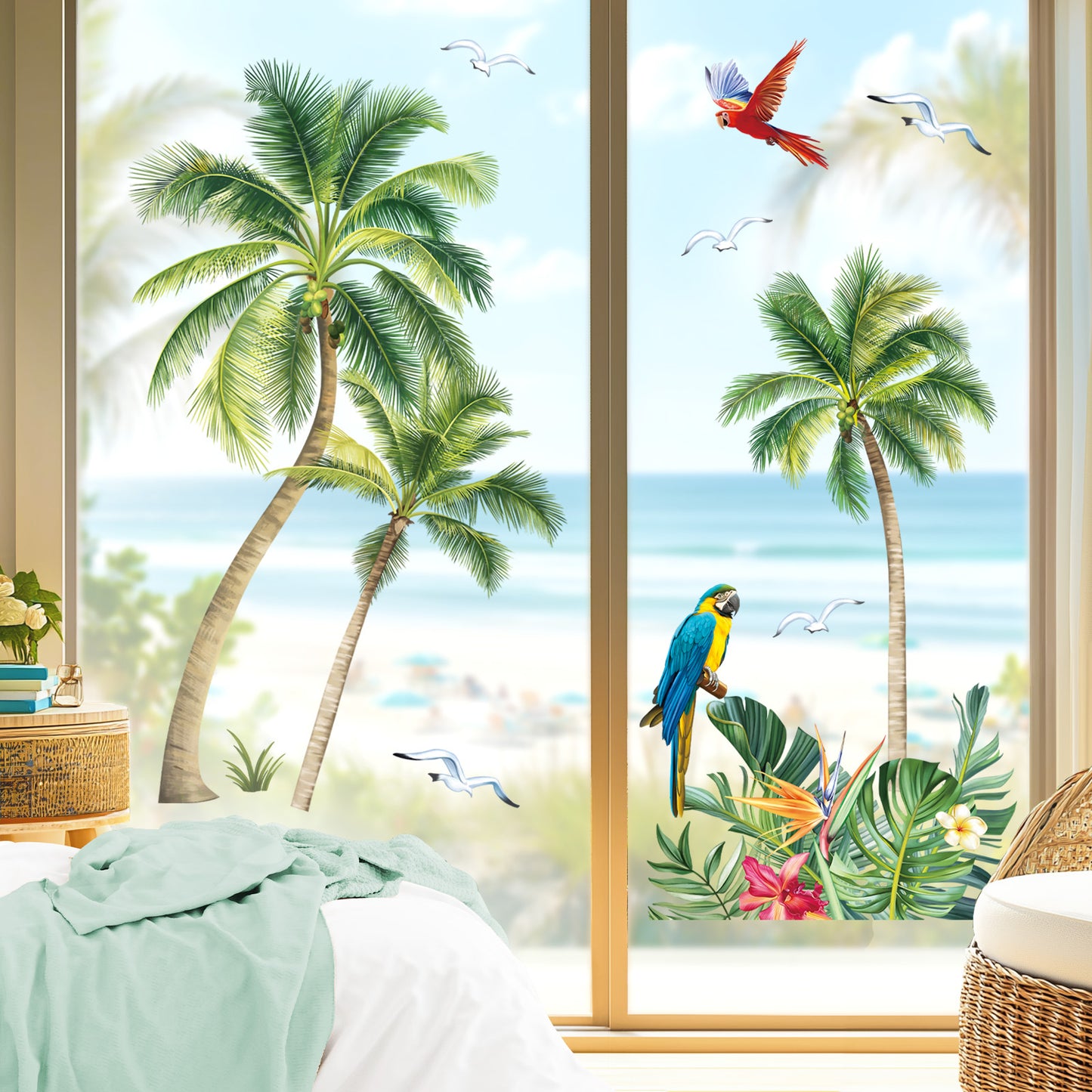 decalmile Palm Trees Double Sided Window Clings Tropical Plants Green Leaves Anti-Collision Window Decals