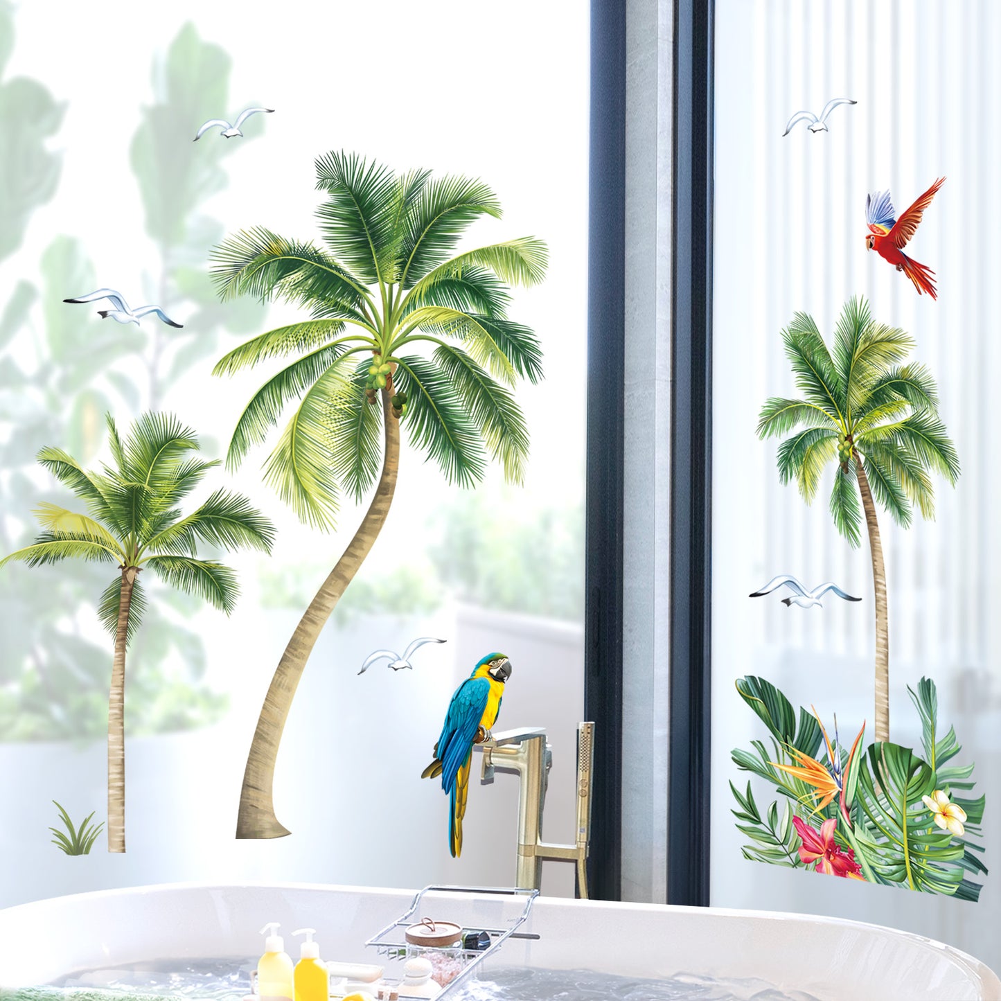 decalmile Palm Trees Double Sided Window Clings Tropical Plants Green Leaves Anti-Collision Window Decals