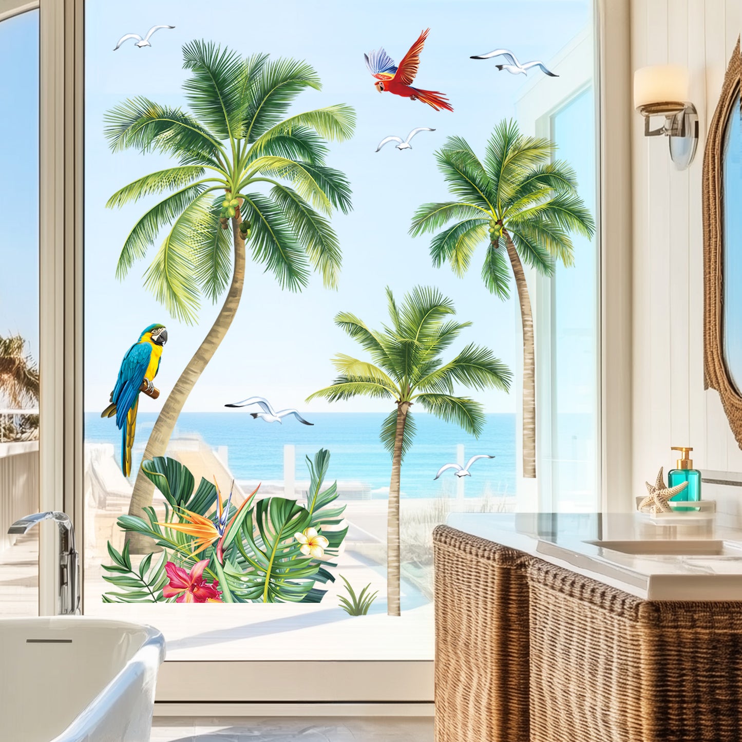 decalmile Palm Trees Double Sided Window Clings Tropical Plants Green Leaves Anti-Collision Window Decals