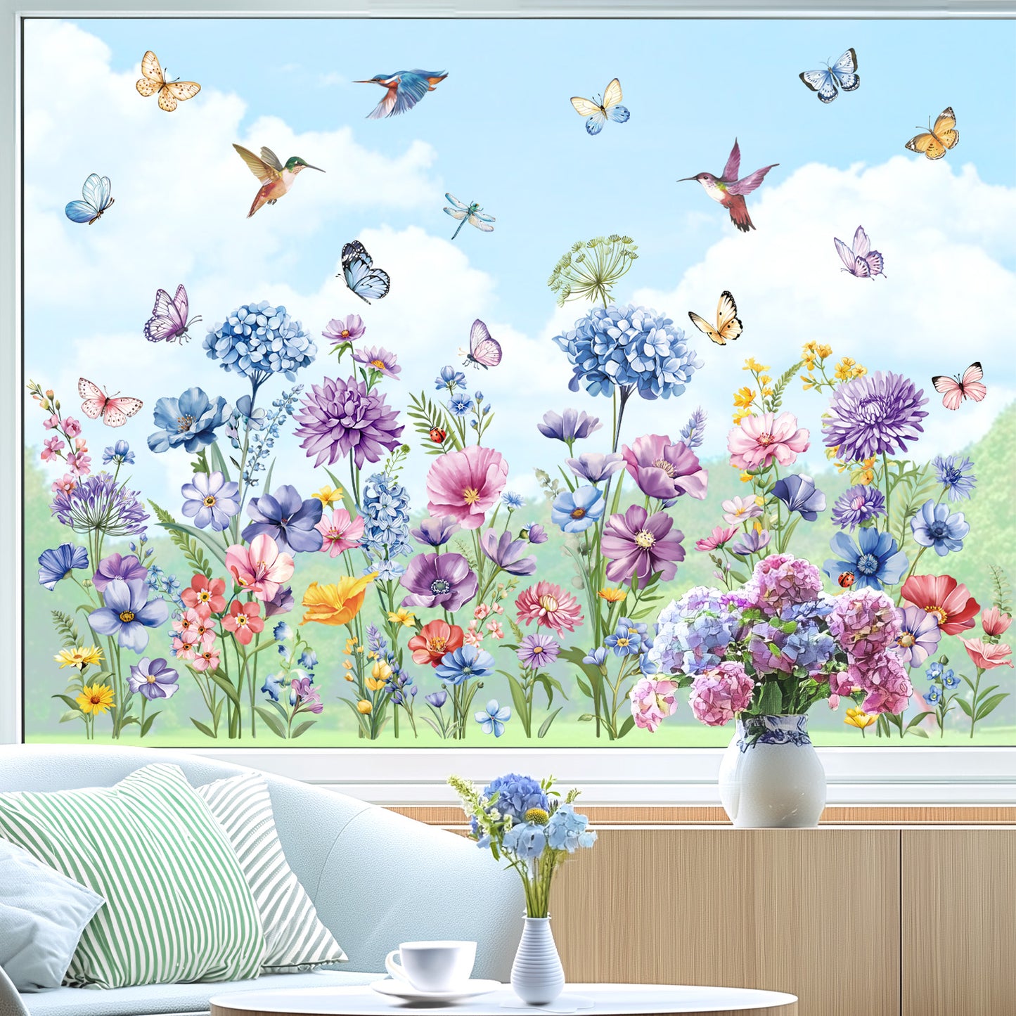decalmile Spring Wildflower Double Sided Window Clings Garden Flower Butterflies Anti-Collision Window Decals