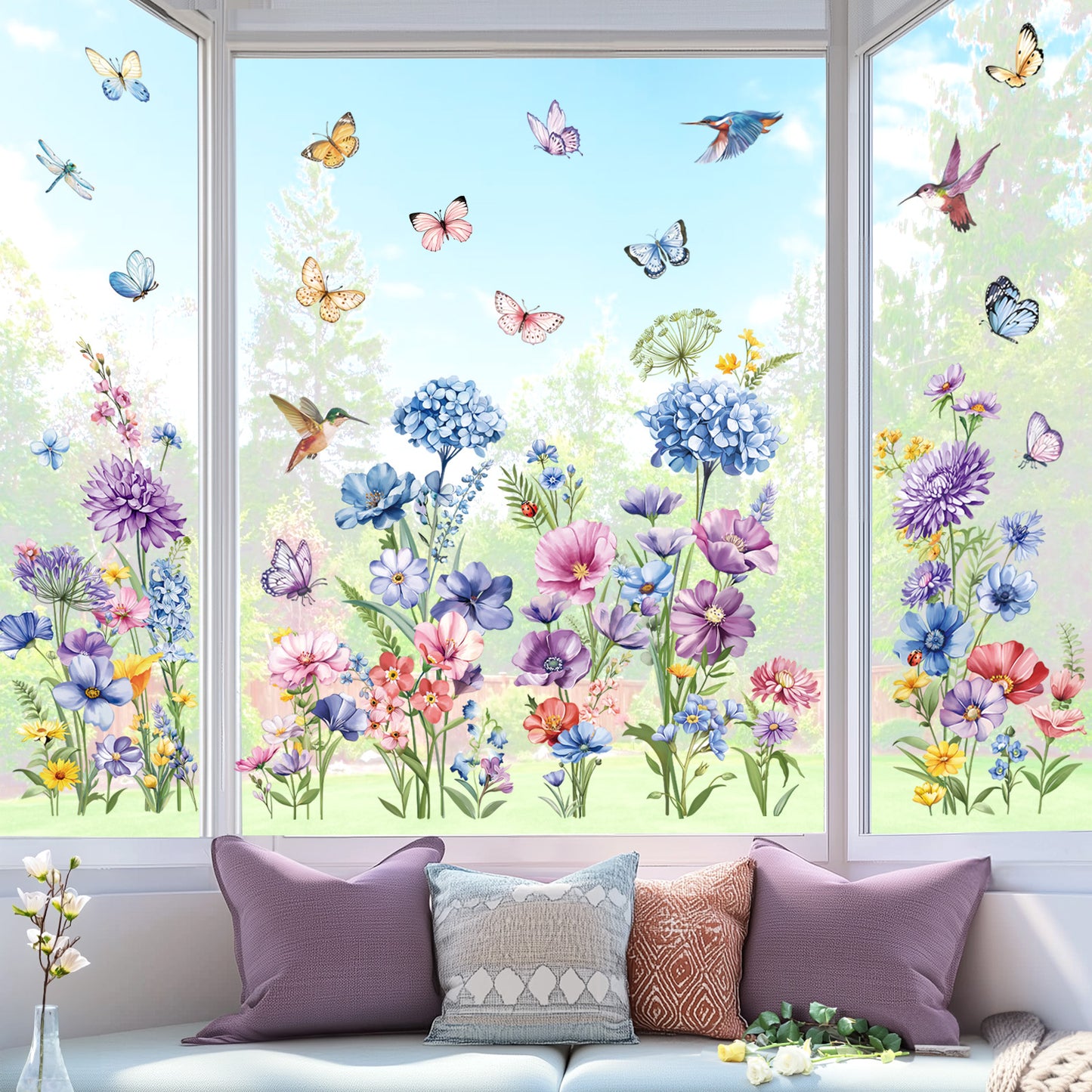 decalmile Spring Wildflower Double Sided Window Clings Garden Flower Butterflies Anti-Collision Window Decals