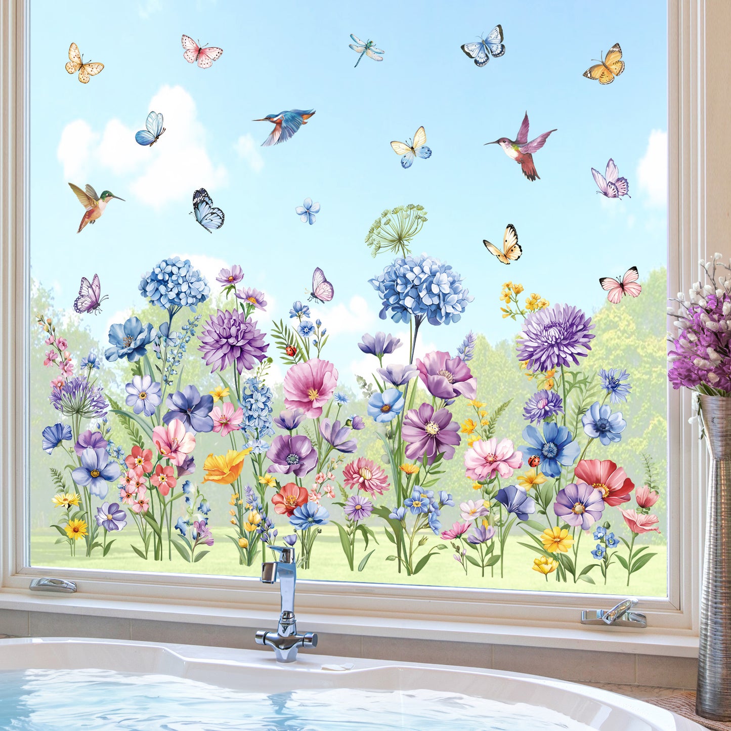 decalmile Spring Wildflower Double Sided Window Clings Garden Flower Butterflies Anti-Collision Window Decals
