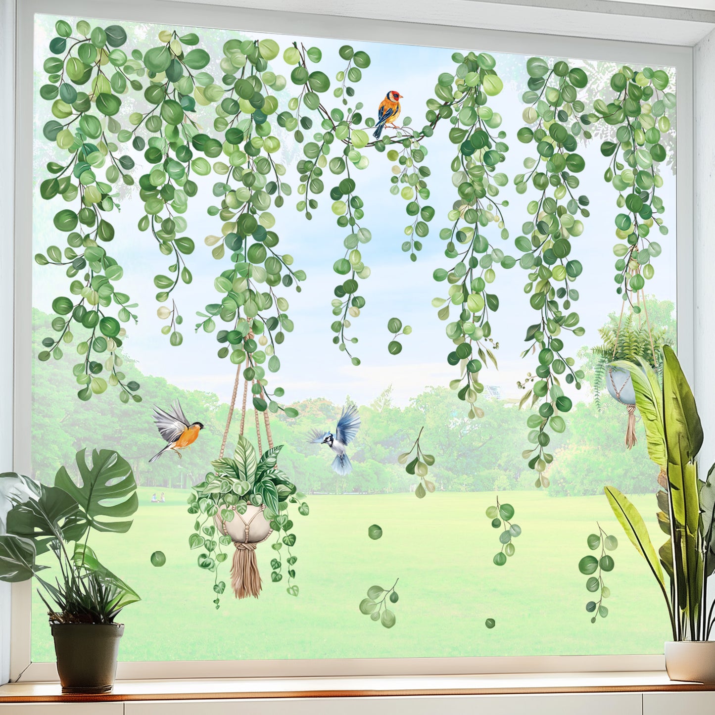 decalmile Spring Hanging Vine Double Sided Window Clings Green Leaves Plants Anti-Collision Window Decals