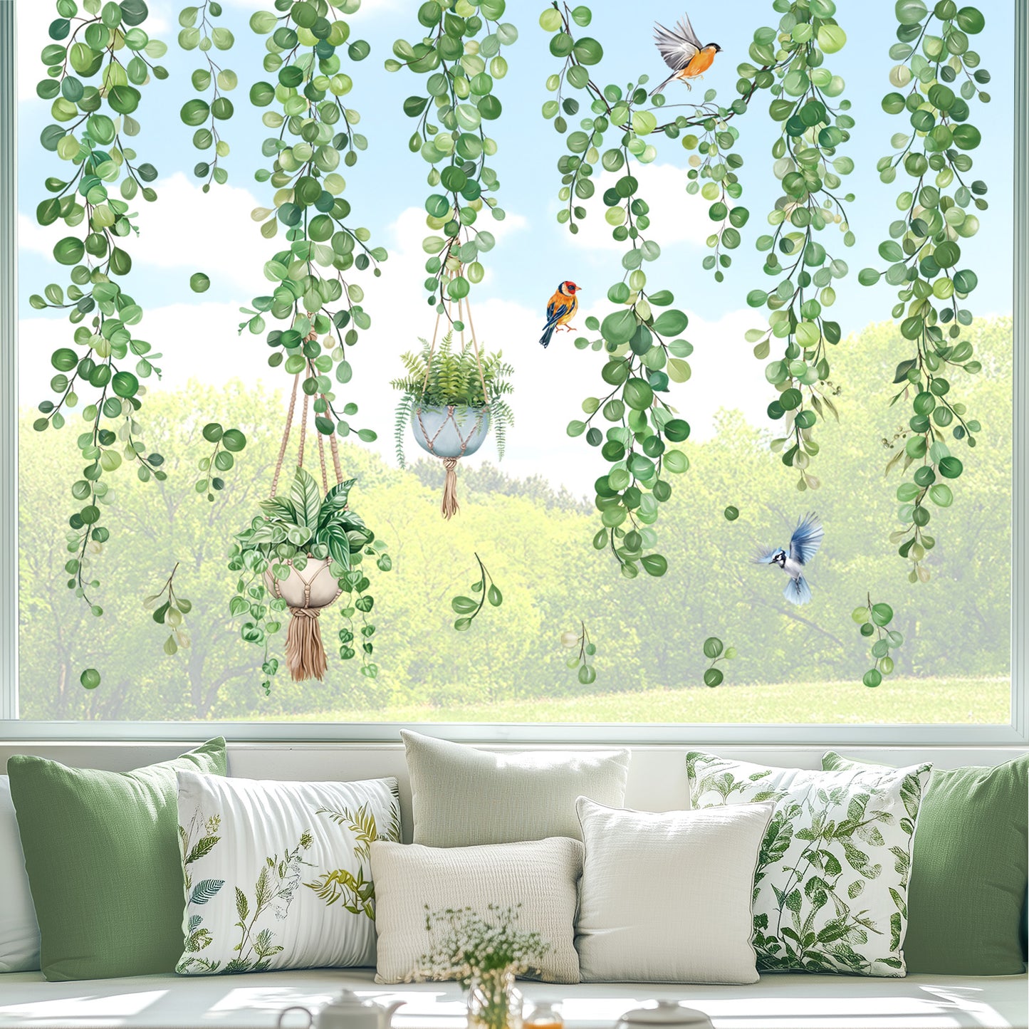 decalmile Spring Hanging Vine Double Sided Window Clings Green Leaves Plants Anti-Collision Window Decals