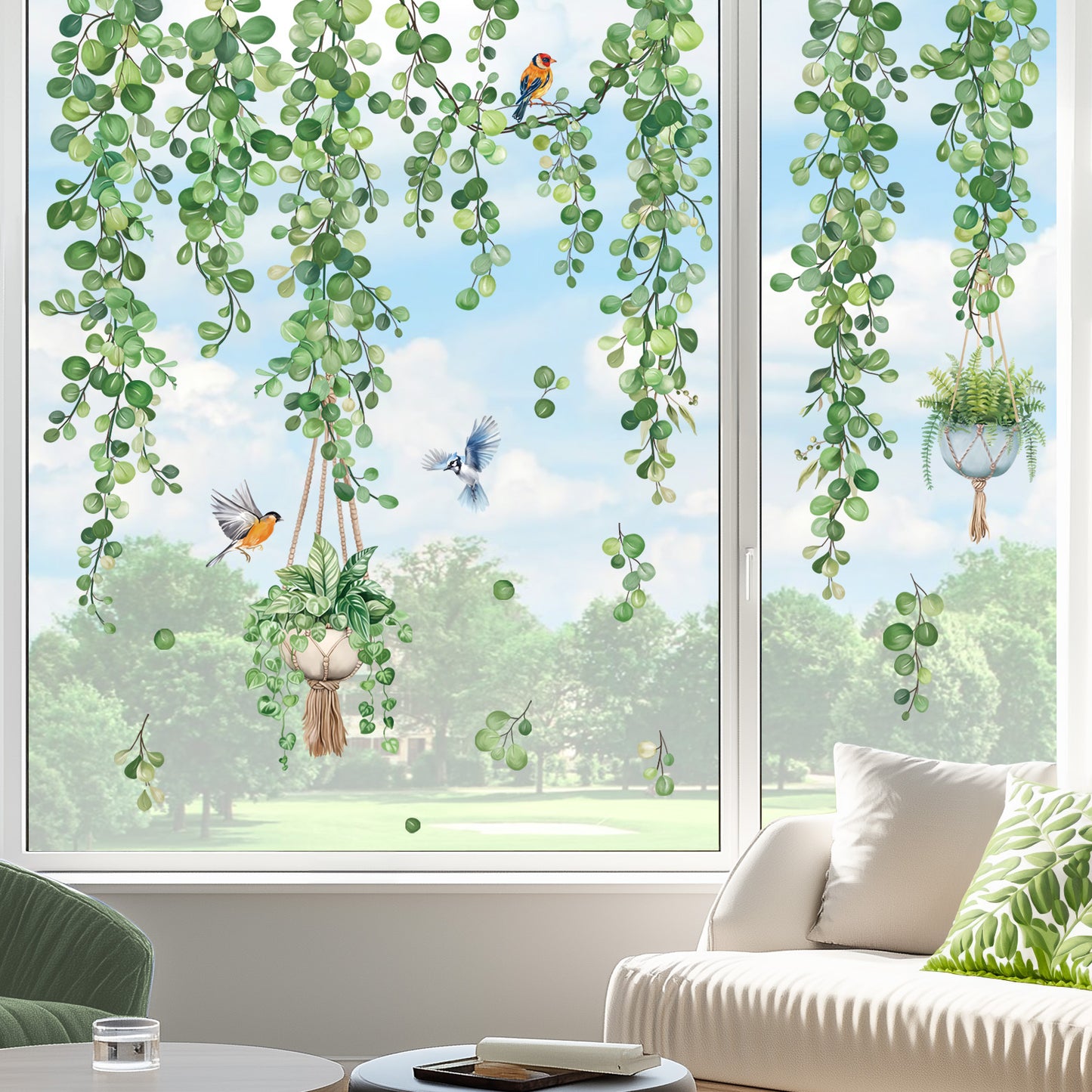 decalmile Spring Hanging Vine Double Sided Window Clings Green Leaves Plants Anti-Collision Window Decals